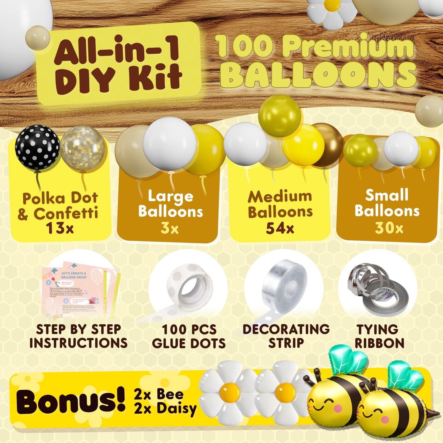 ALL-IN-1 Bee Balloons Garland Kit & Arch - Small and Large Black Yellow and White Bumble Bee Balloons for What Will It Bee Gender Reveal Party Supplies, Baby Shower Decorations, or Honey Bee Birthday
