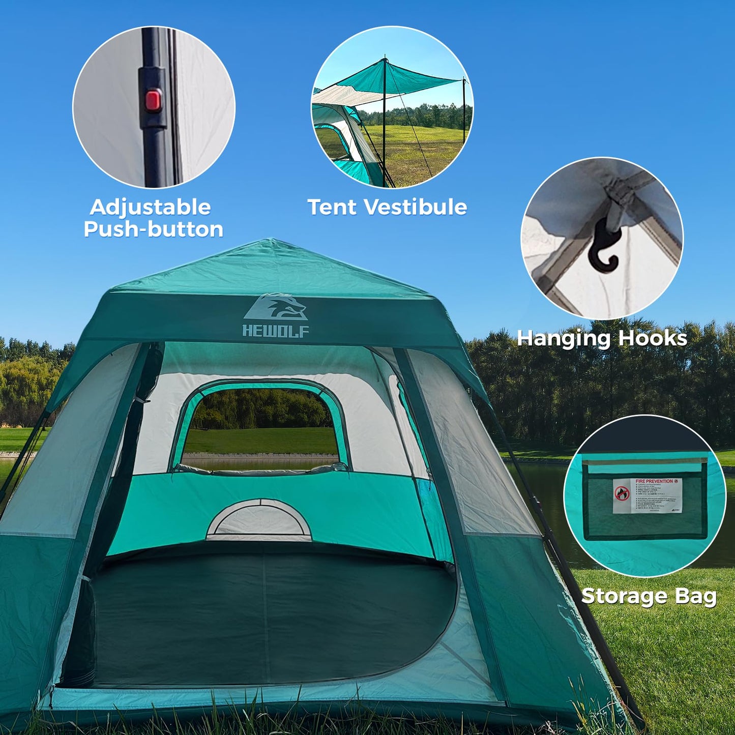 Hewolf Instant Tent for 4-6 Person Camping, Waterproof Easy Pop Up Tent Sets Up in 60 Seconds for Family Outdoor Hiking & Backpacking with Carry Bag(Blue-4)