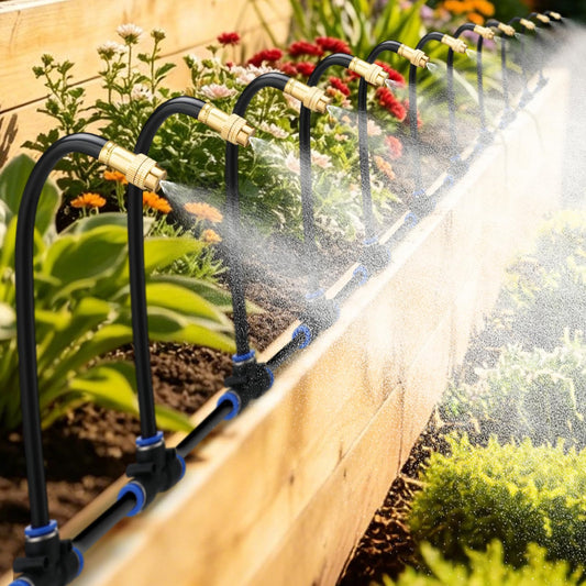 49ft Drip Irrigation System - Includes 15pcs 360° Adjustable Copper Nozzles, 5/16" PE Tubing, 1/2" & 3/4" Faucet Adapters, Automatic Garden Watering Sprinkler System Kit for Raised Bed Plants Lawn