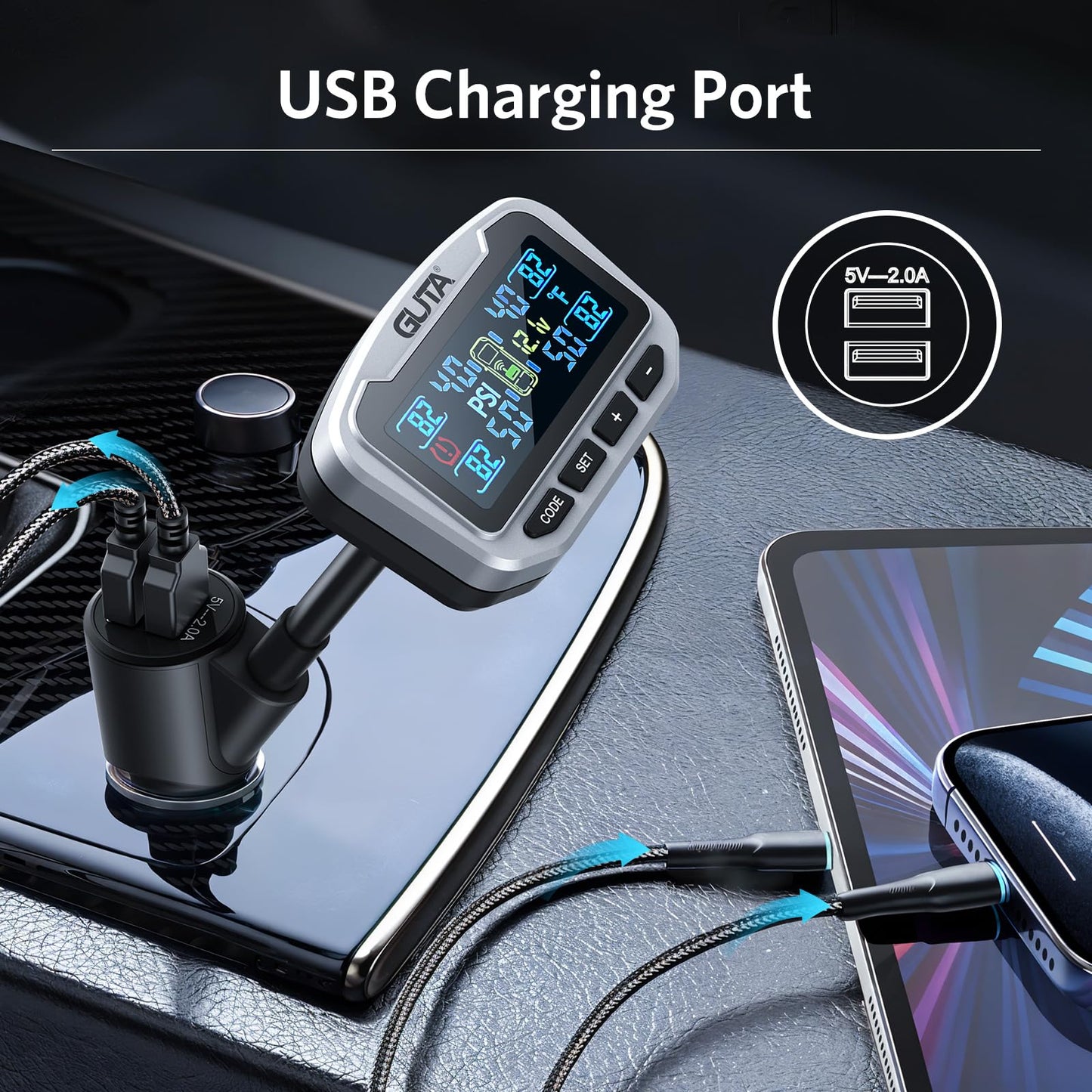 GUTA RV Tire Pressure Monitoring System, Trailer TPMS, 4 Sensors, 6 Alert Modes, Long Range Signal, CLA Charging & 2 USB-A Outputs, Adjustable LCD Display, Ideal for RV Truck Trailer Camper (0-188psi)