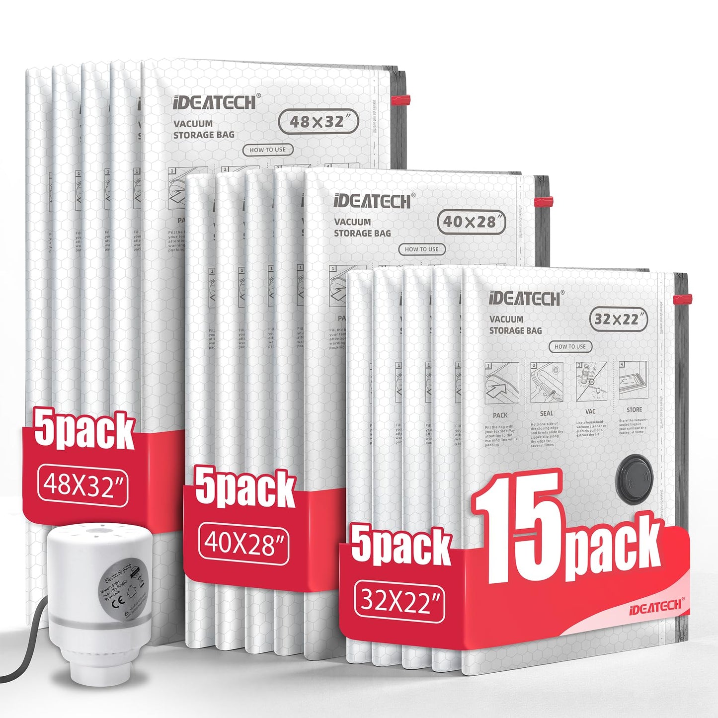 IDEATECH 15Pack Vacuum Storage Bags with Electric Pump, Jumbo Vacuum Seal Bags for Clothing, Bedding & Blanket, Heavy Duty Compression Space Saver with Airtight Seal, Complete Home Storage-5M+5L+5XL