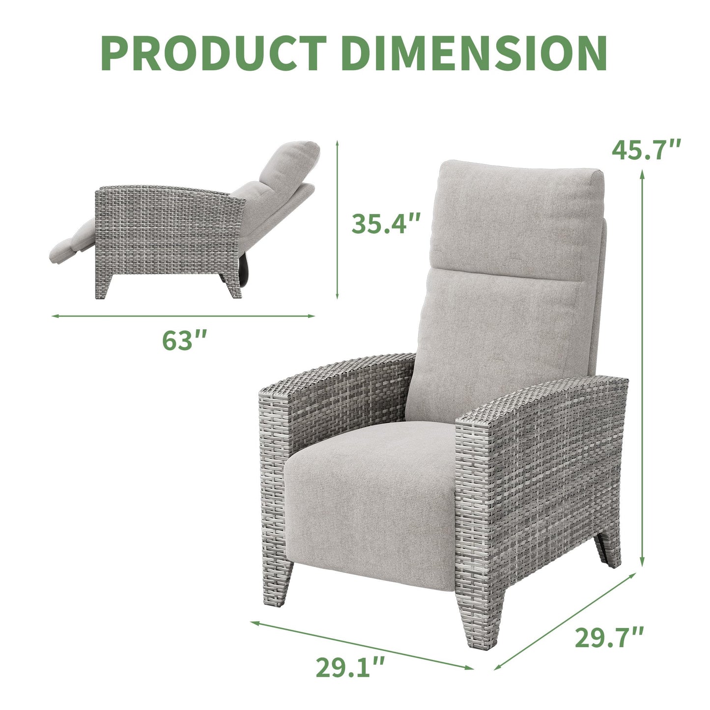 Garvee Wicker Recling Patio Chair with Independent Adjustable Back and Footrest Air Pump 150° Lay Flat Reclining Chair Outdoor Recliner Chair with Extended Footres and Removable Cushion for Garden