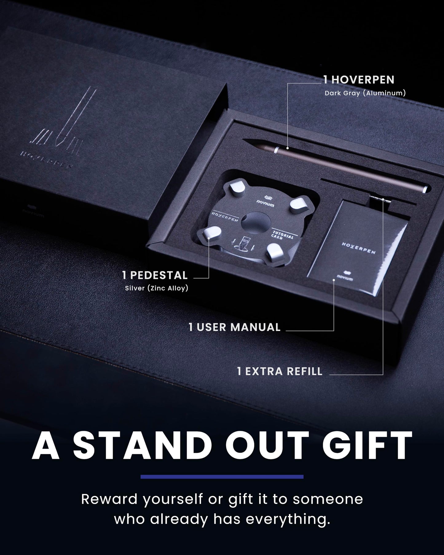 novium Hoverpen - Luxury Pen for Men & Women, Vertically Standing Executive Ballpoint Pen with Top Grade Free-Flowing Ink Refill, Metal Made, Unique Gifts, Luxury Pen for Men, Mens Gifts Ideas