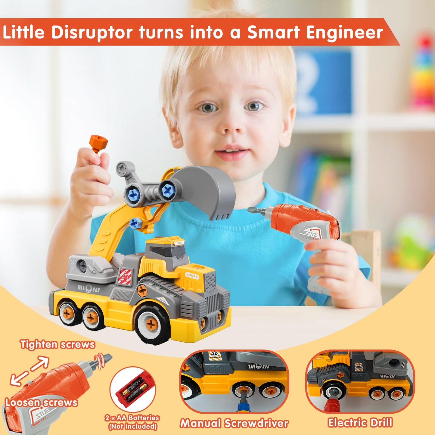EKU EASYKU 11inches Large Take Apart Construction Toys Excavator Truck for Boys Girls Kids 3-5 6-8 Electric Drill Set Assembly Building Toys