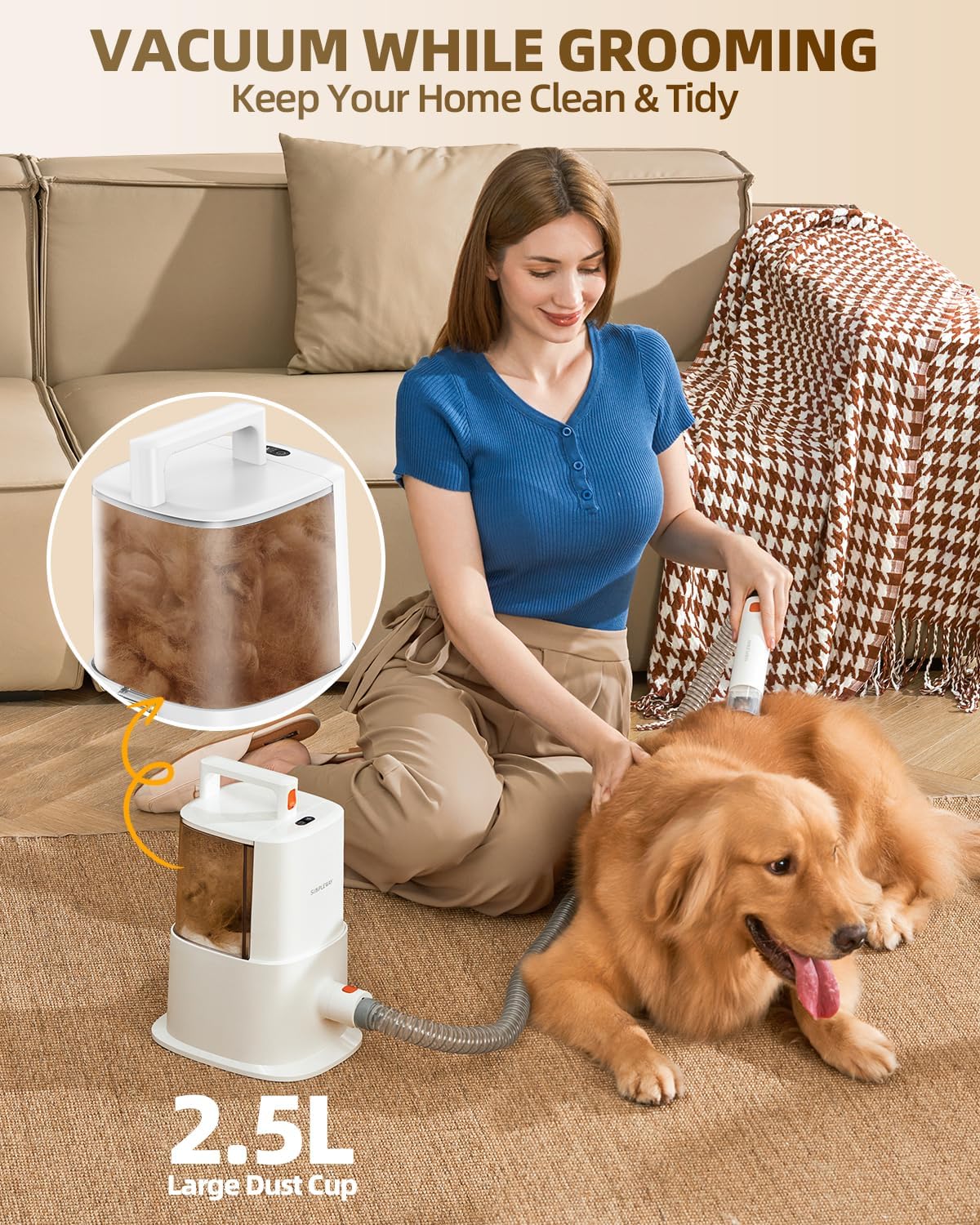 Simple Way Dog Grooming Vacuum Kit for Shedding: Pet Hair Remover with Quiet Suction Cleaners and Large Capacity Dustbin for Long-Haired Dogs and Cats Home Brush and Groomer with 6 Attachments(Ivory)