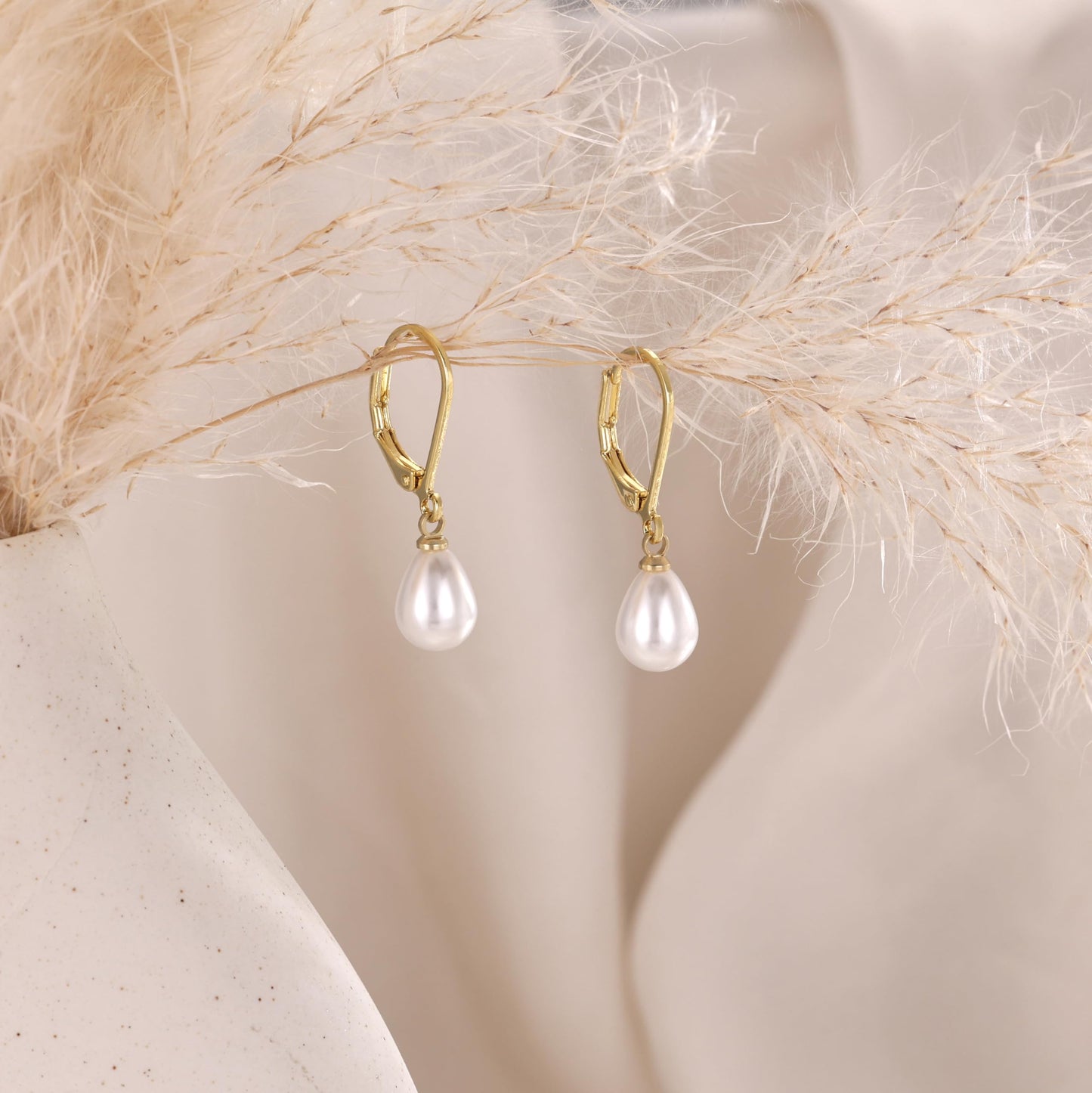 Freekiss Gold Pearl Earrings: Leverback Dangle, Dainty 14K Gold Plated, Hypoallergenic, Waterproof, Wedding & Prom Earrings