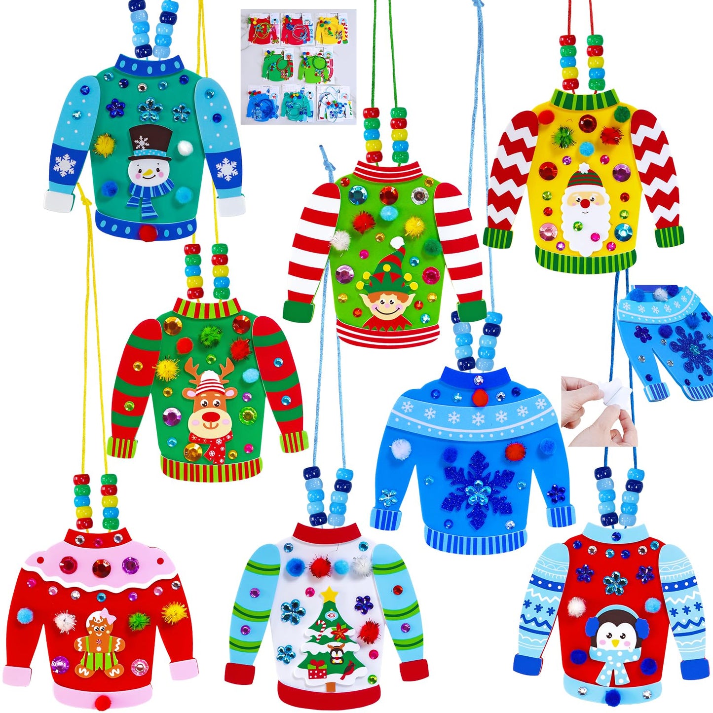 Winlyn 24 Sets Christmas Decorations DIY Ugly Sweater Necklaces Ornaments Winter Crafts Kits Foam Sweater Festive Foam Stickers for Kids Holiday Seasonal Gift Home Classroom Activities Party Favors