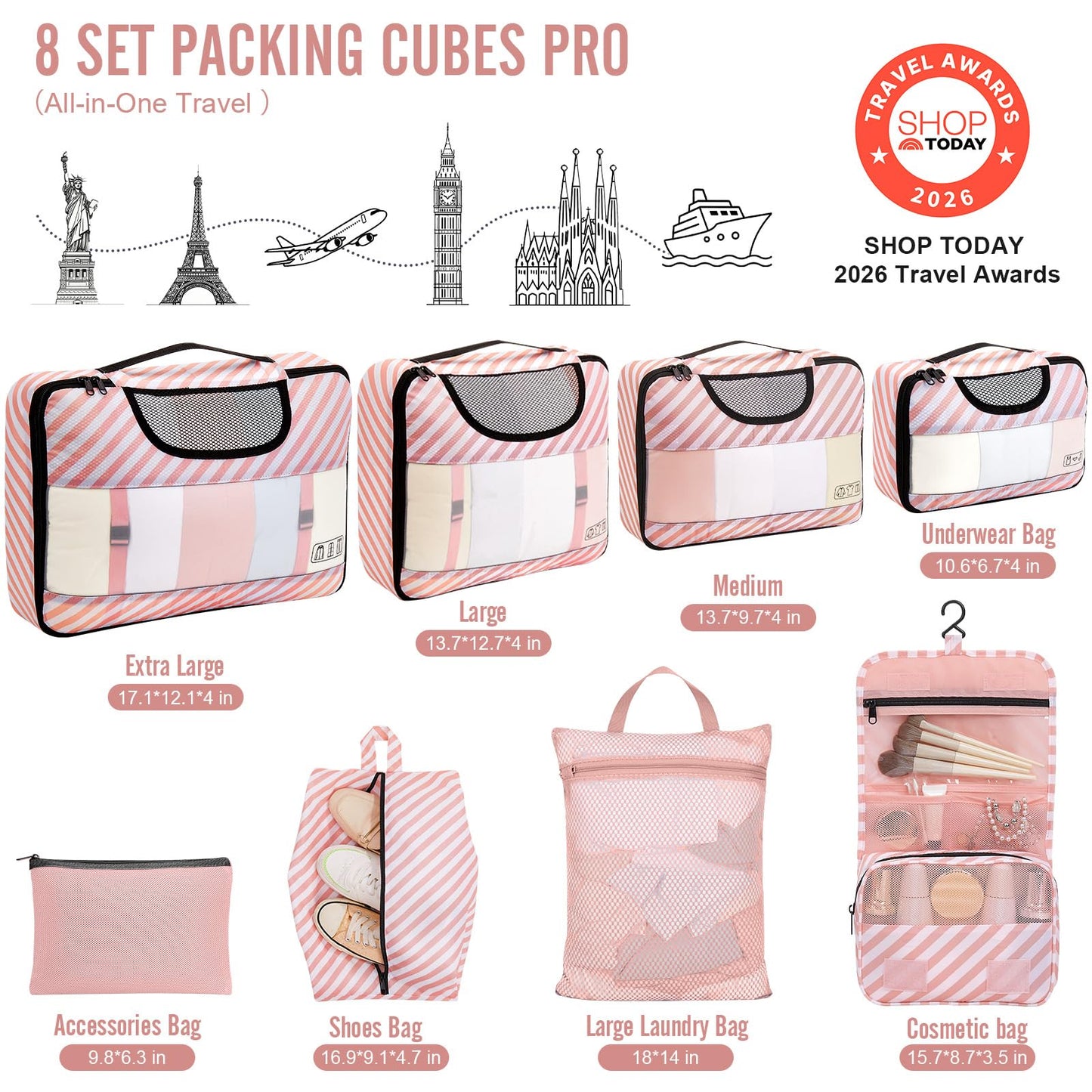 8 Set Packing Cubes for Travel Essentials, Suitcase Organizer Bags in 4 Sizes, Carry-On Luggage Accessories with Laundry Bag, Airplane Must Have, Gifts for Women Men