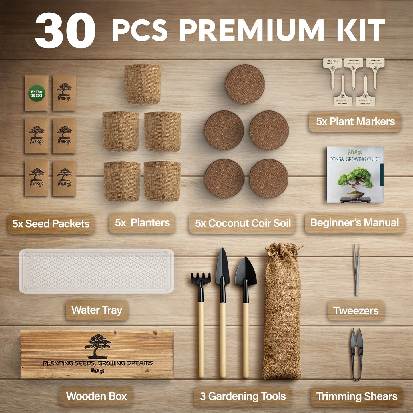 AVERGO Bonsai Tree Kit Deluxe - 5X Unique Japanese Bonzai Trees | Complete Indoor Bonsai Starter Kits from Seeds to Trees – DIY Gardening Gifts for Mother, Women & Men