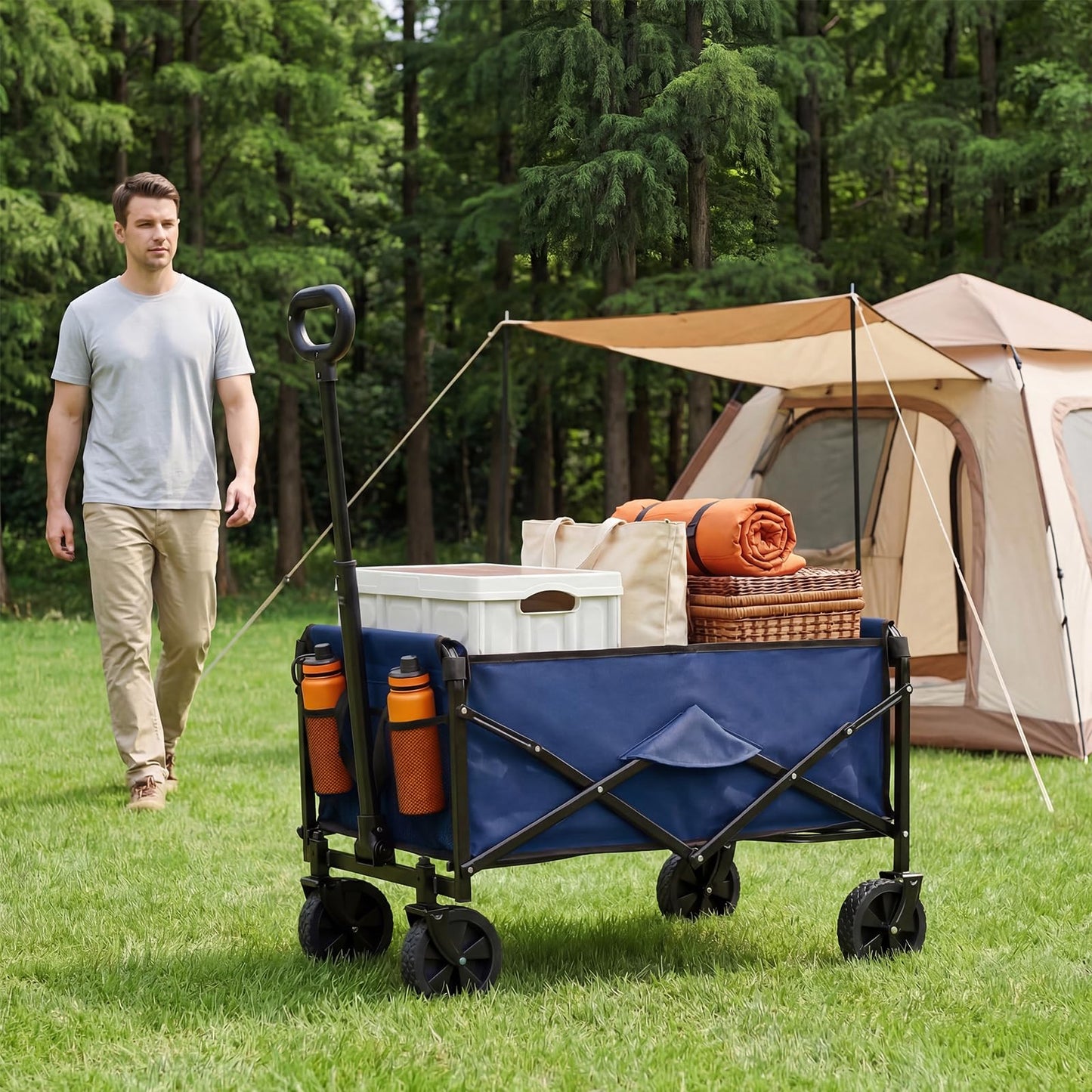 DUMOS Collapsible Wagon Cart, 67L Heavy Duty Utility Folding Wagon with Wheels – 220 lbs Weight Capacity, Flexible Handle for Beach, Grocery, Camping & Garden, Blue