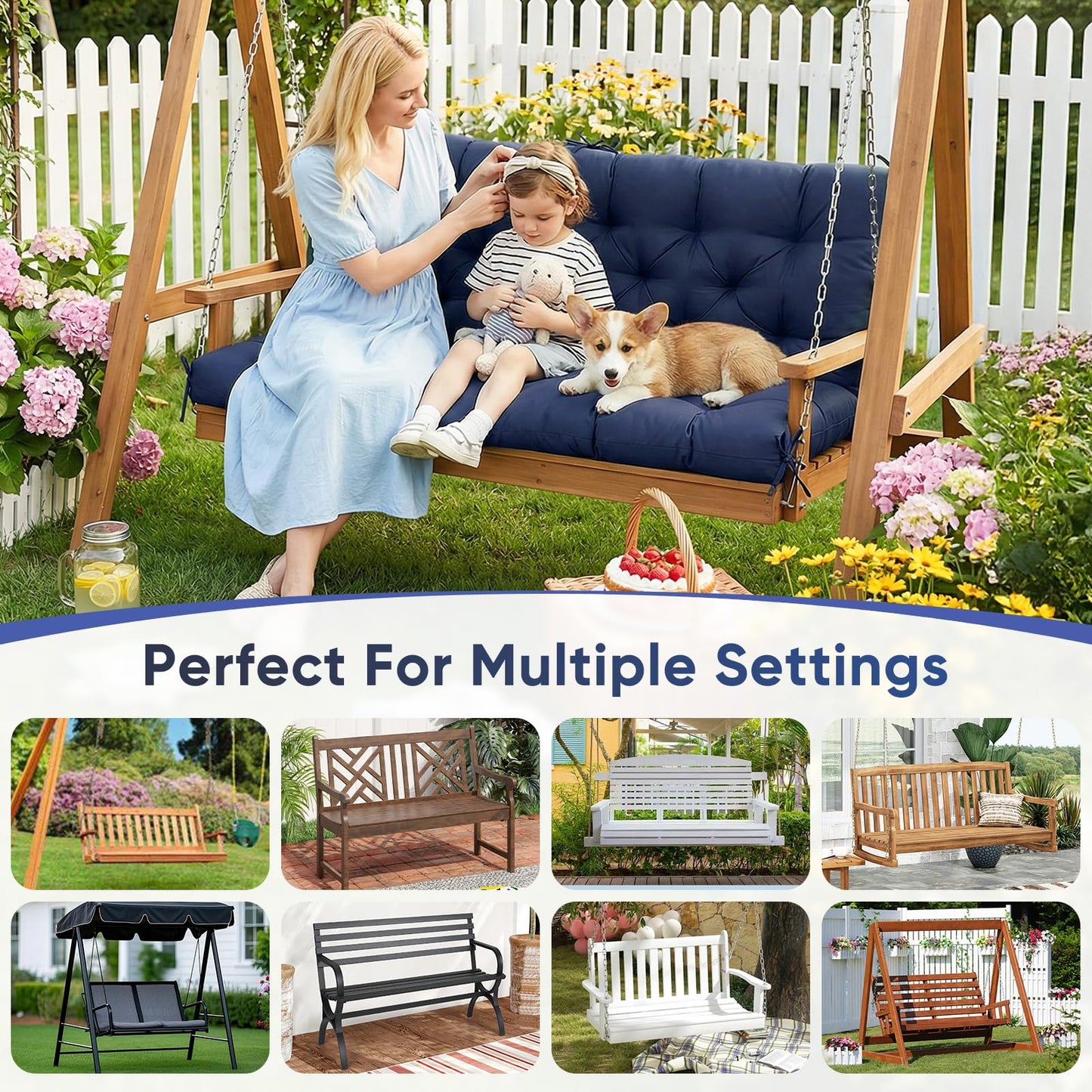Porch Swing Cushions 60 Inch Waterproof,2 3-Seater Replacement for Outdoor Furniture with Backrest and Straps, Thick 4" Swing Seat Bench Cushion for Loveseat Glider Bench Patio Lawn Backyard