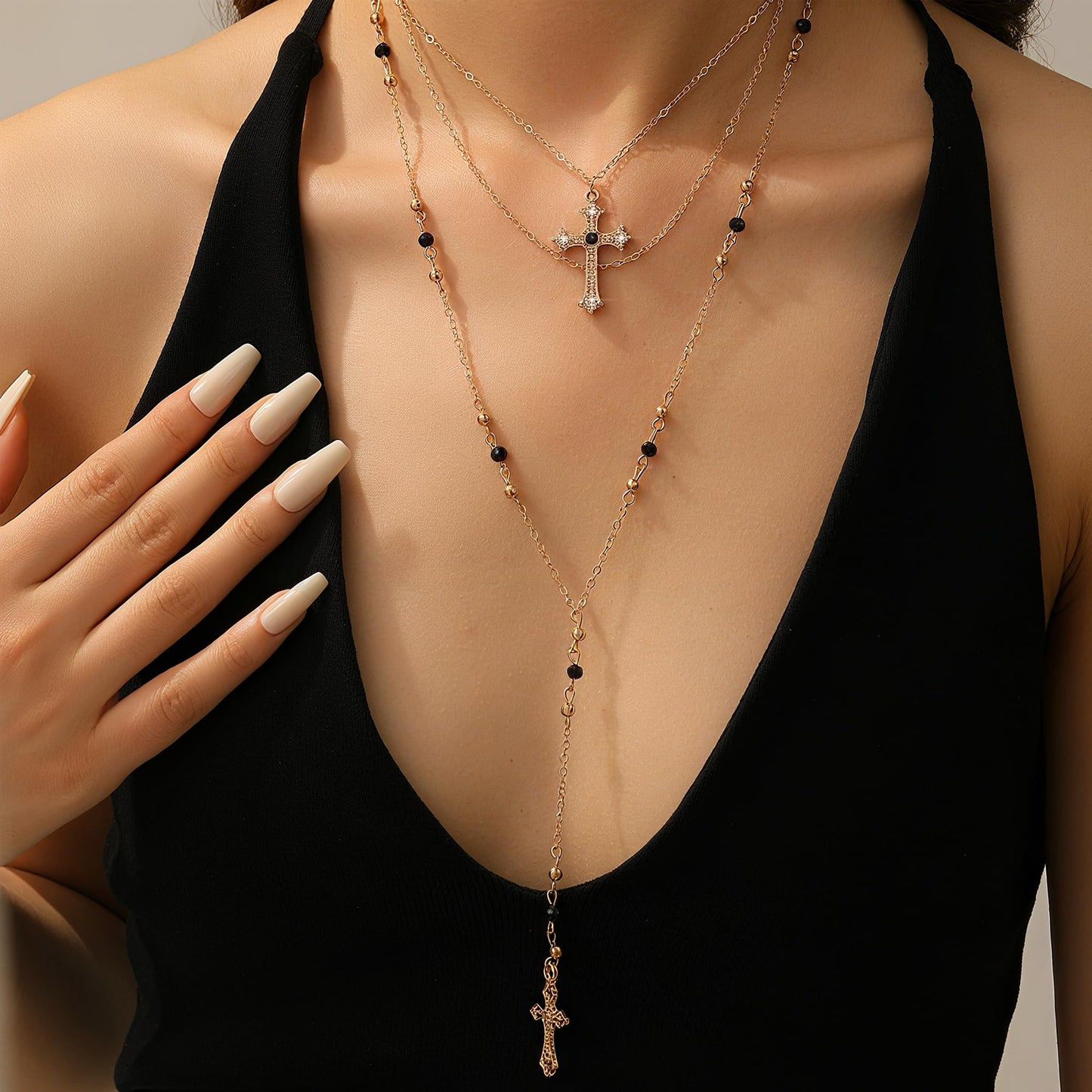 3PCS Layered Gold Cross Necklaces for Women Trendy, Bohemian Bead Pearl Y Long Pendant Necklace Set, Vintage Rosary Necklace Stack Adjustable Length