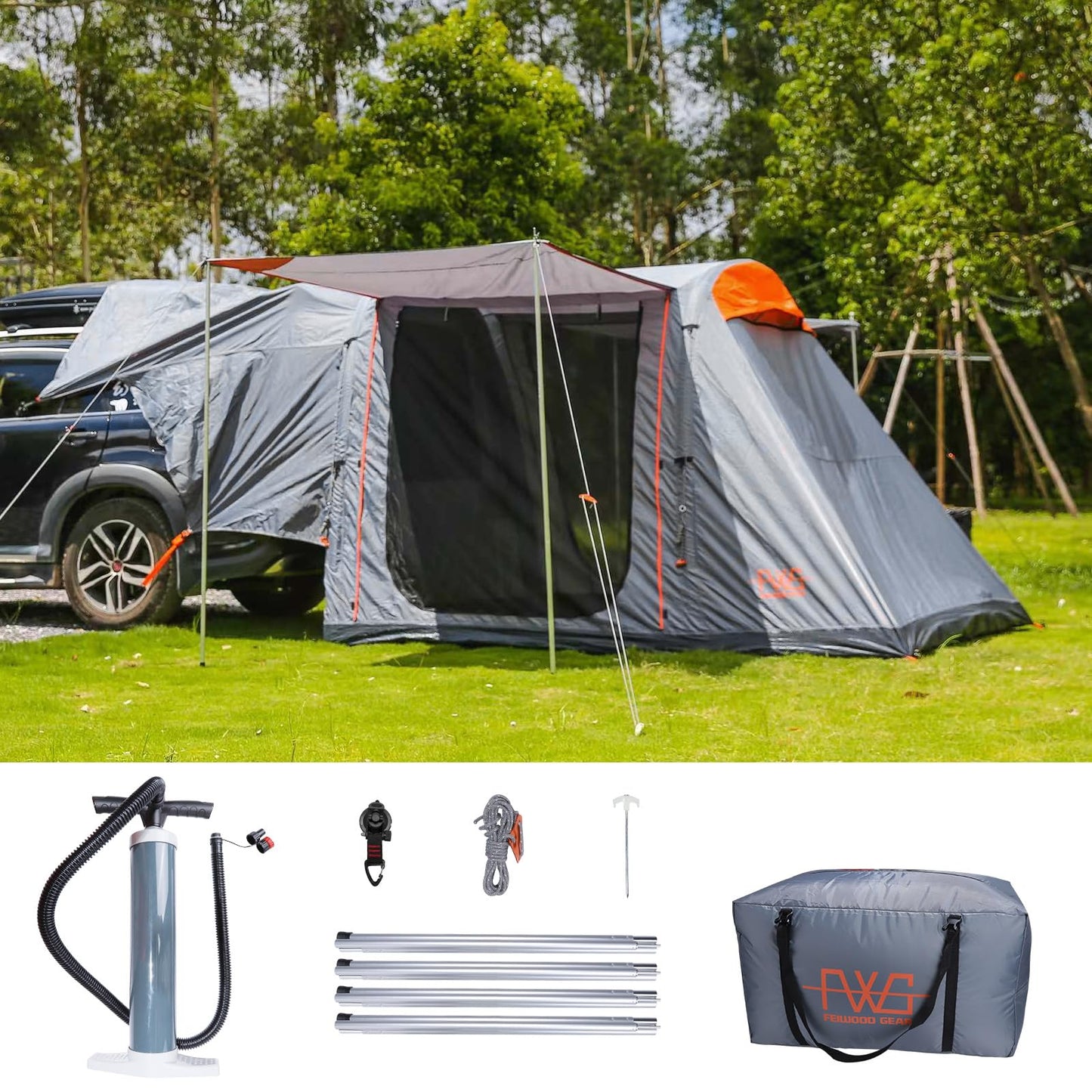 FEIWOOD GEAR Inflatable SUV Tent for Camping, Waterproof Car SUV Tent for 4-6 Person Camping Easy Set Up Inflatable with 4pc Aluminum Support Pole, Inflatable Pump
