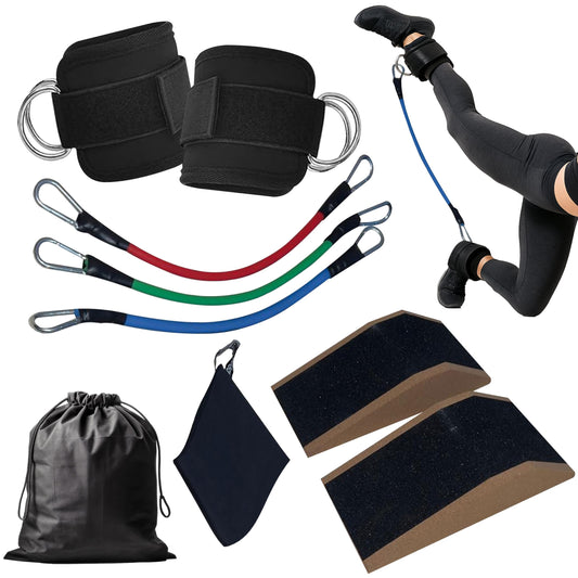 Slant Board for Calf Stretching & Squat Wedge + Ankle Resistance Bands – Glute & Leg Workout Equipment for Women – Booty Trainer Kit with Blocks, Bands & Towels – At Home Gym Set