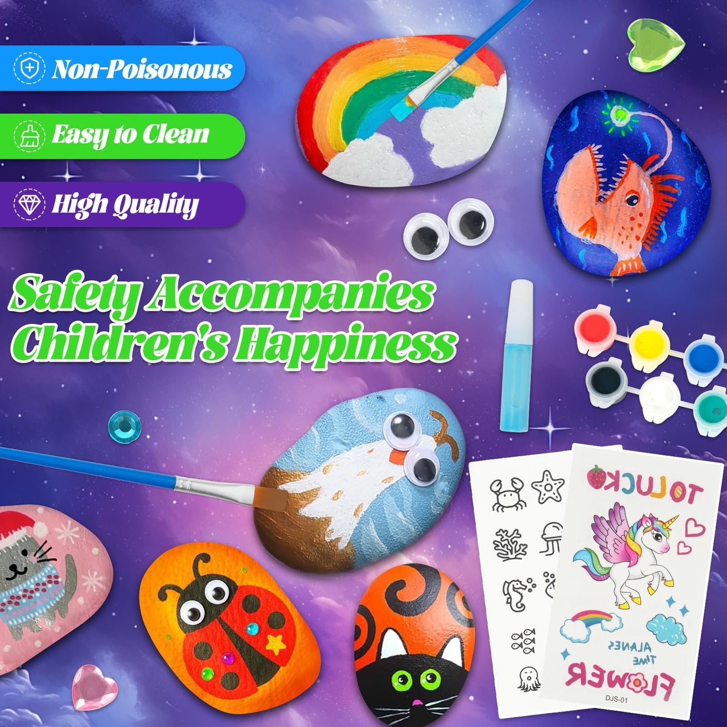 SHENGSEN Glow in The Dark Rock Painting Kit, Rock Art Kit Including 10 Rocks & 10 Stickers for Kids Ages 6-12, Rocks Painting Bulk Stones for Arts & Crafting Gift