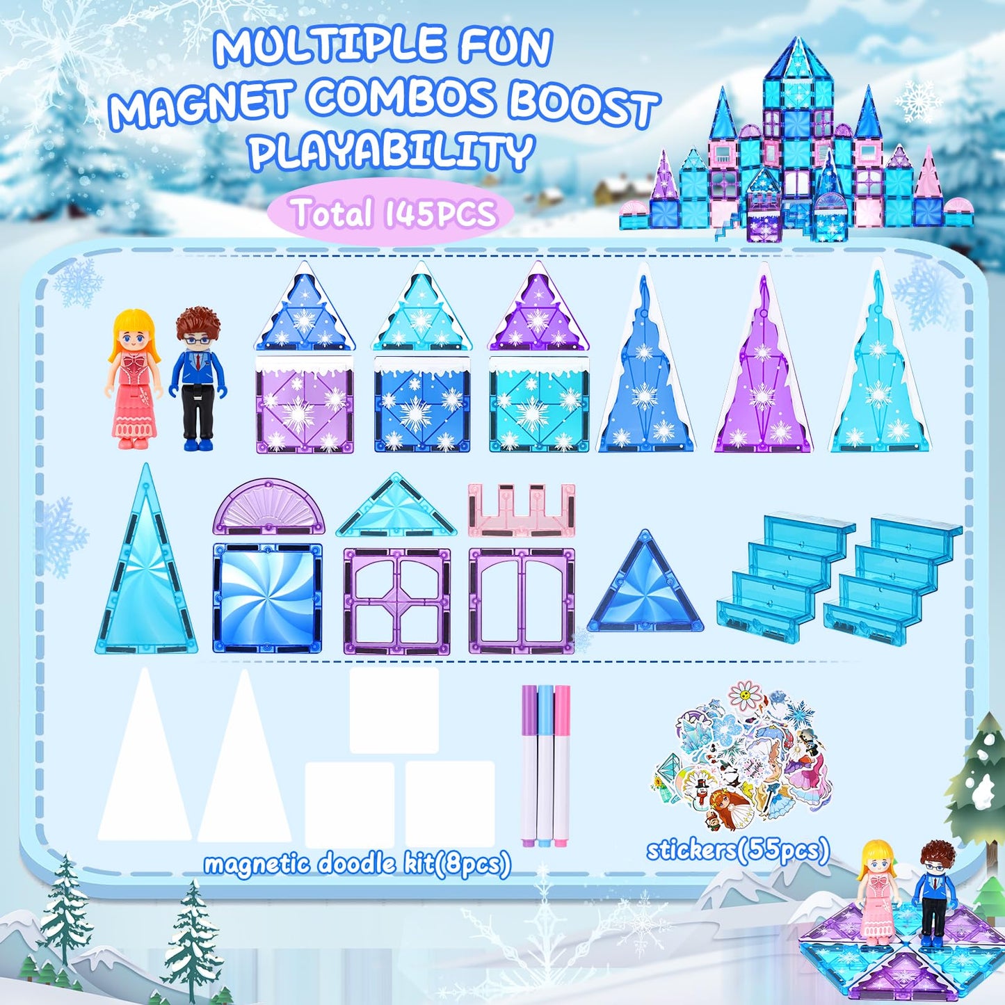 Diamond Magnetic Tiles Set 145PCS with Magnetic Doodle Kit, 3D Blocks Magnet Toys for Girls 3 4-7,8-12, Stem Toys Princess Castle Include 2 Stairs 2 Dolls Decals Stickers,3 4 5 6 7 8+ Girls Xmas Gift