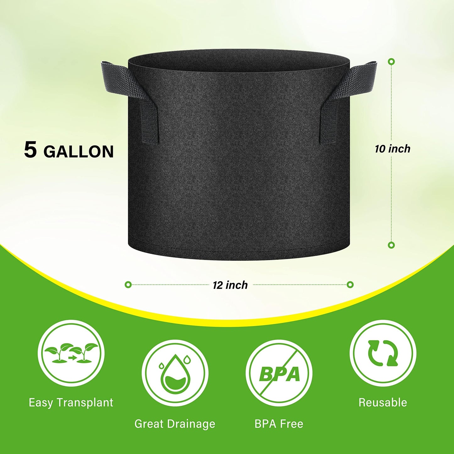 HealSmart 6-Pack 5 Gallon Grow Bags, Nonwoven Aeration Fabric Pots with Handles, Cloth Plant Pots, Suitable for Garden Fruits, Vegetables, Tomato and Flowers, Black