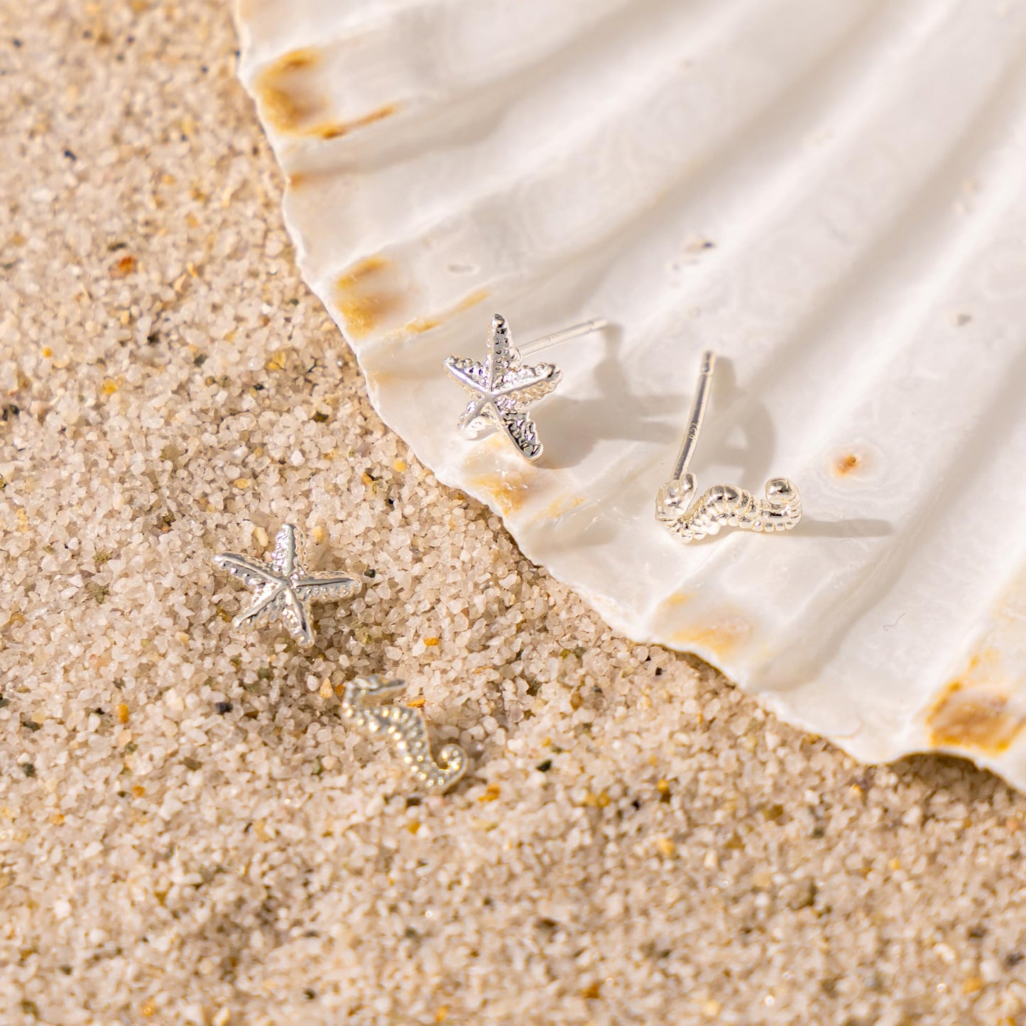 Plenky Gold Earrings for Women - 2 Pairs 14K Silver Plated Small Starfish and Seahorse Stud Earrings Set Beachy Jewelry for Women Gifts
