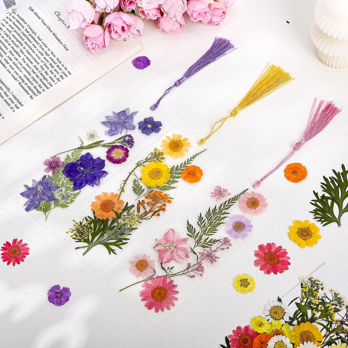 kmfosaat 344 Pcs Pressed Flower Bookmark Making Kit, 50 Laminating Pouches with 242 Dried Flowers, 50 Tassels, Tweezer and Punch, Party DIY Crafts Bookmark for Reading Women Kids