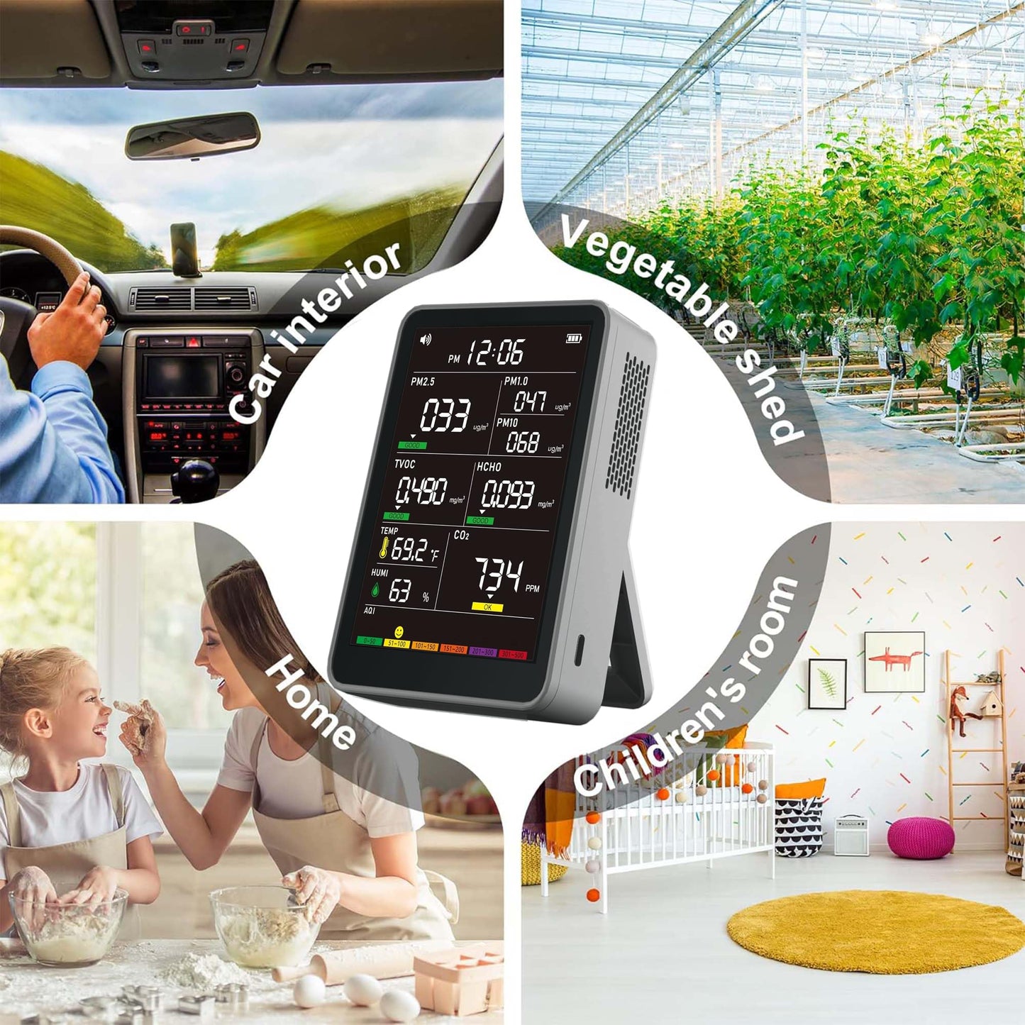 Professional Indoor Air Quality Monitor with AQI, Portable Real-Time Detector for Home Cars Plants and Pets (Gray)