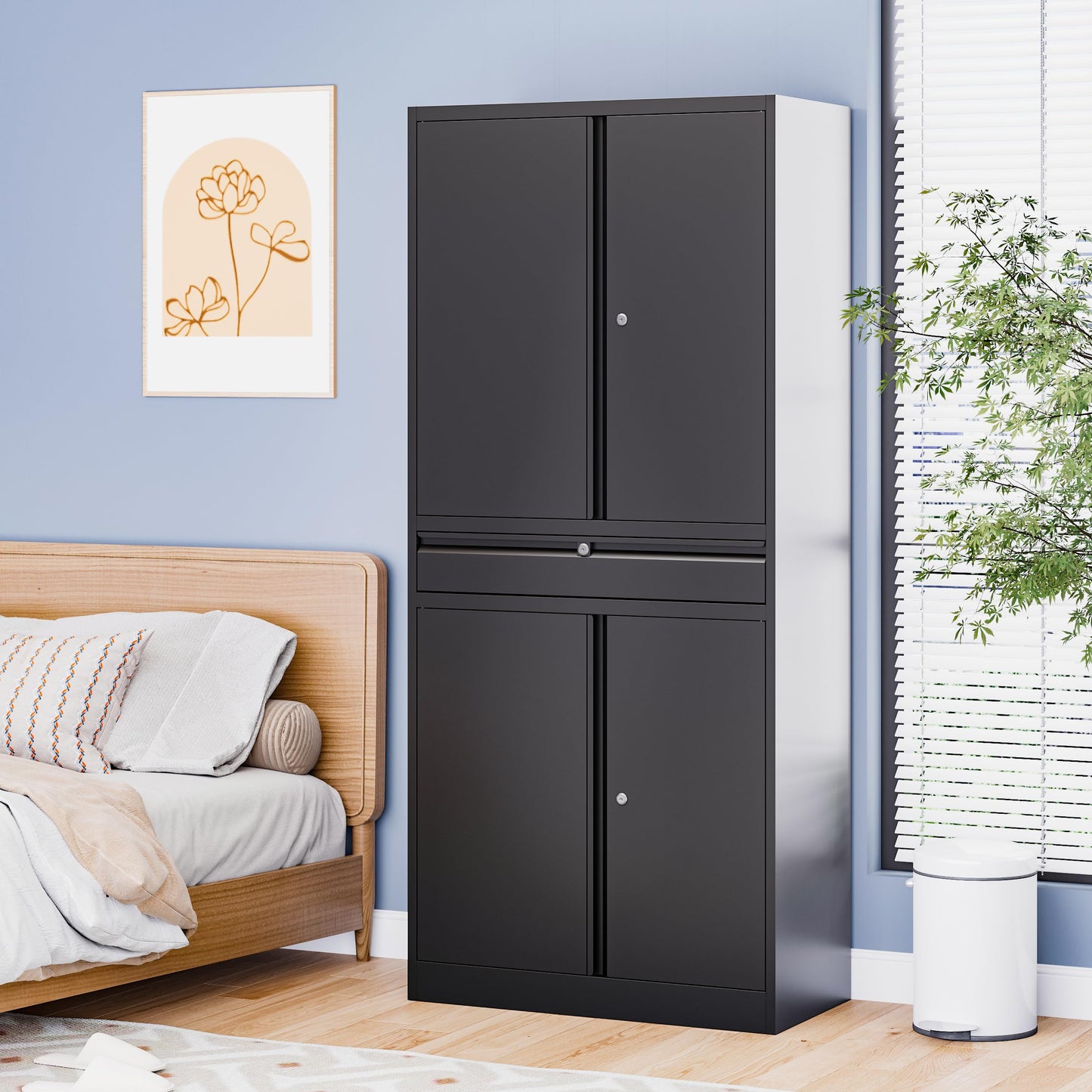 LISSIMO Metal Storage Cabinet with with Drawer, Garage Storage Cabinet with Locking Doors and Adjustable Shelves for Garage, Home Office,Warehouse (Black)
