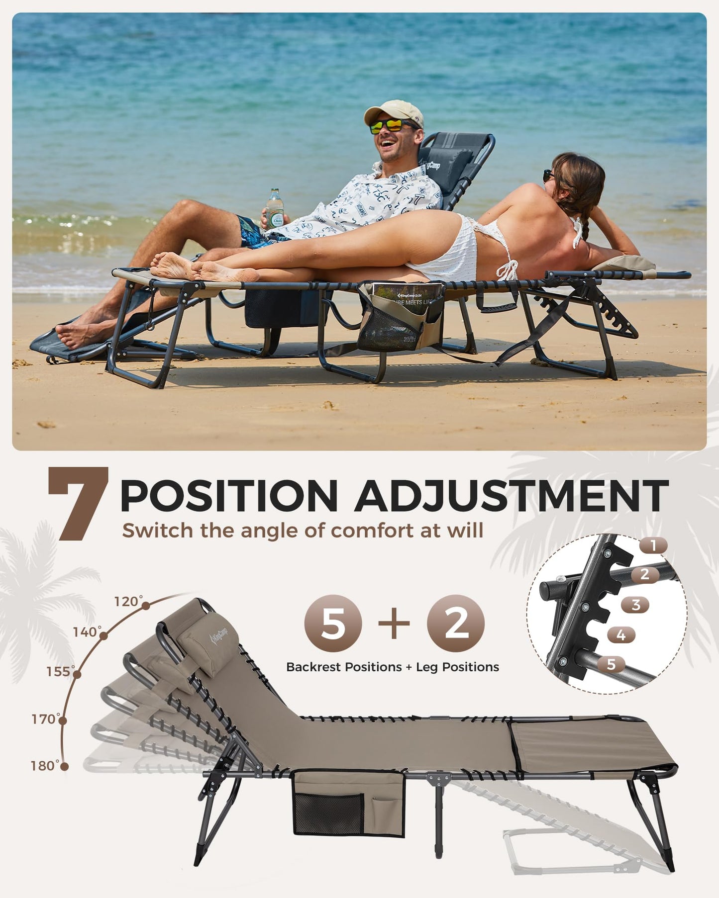 KingCamp Tanning Chair with Face Hole, Lounge Chairs Outdoor Folding Comfy Adjustable 5-Position Lay Flat Foldable Chaise Chaser Lounger for Outside Beach Patio Sun Bathing Pool, Beige