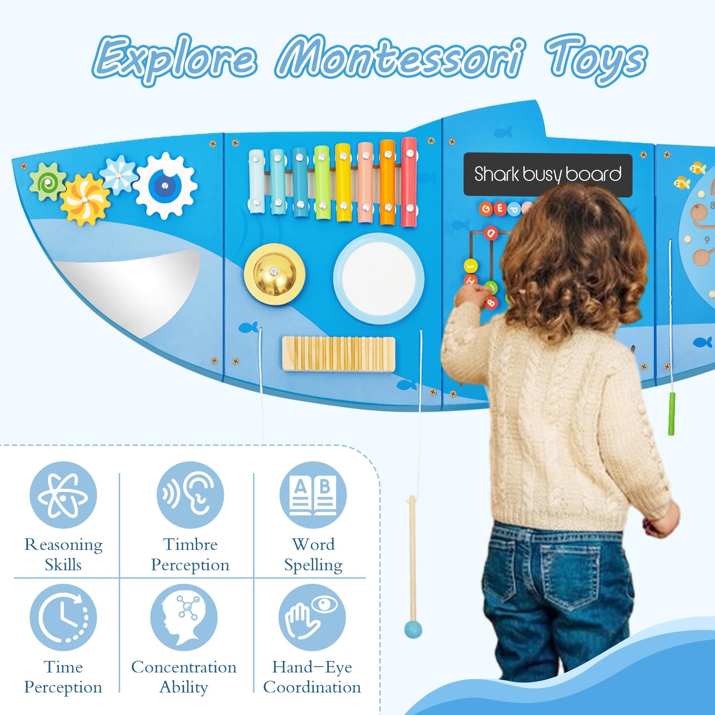Shark Activity Wall Busy Board Panels,Busy Board for Toddlers Montessori Sensory Toys Wall Mount Wooden Learning Toy Ideal Furniture for Playroom & Children's Daycare