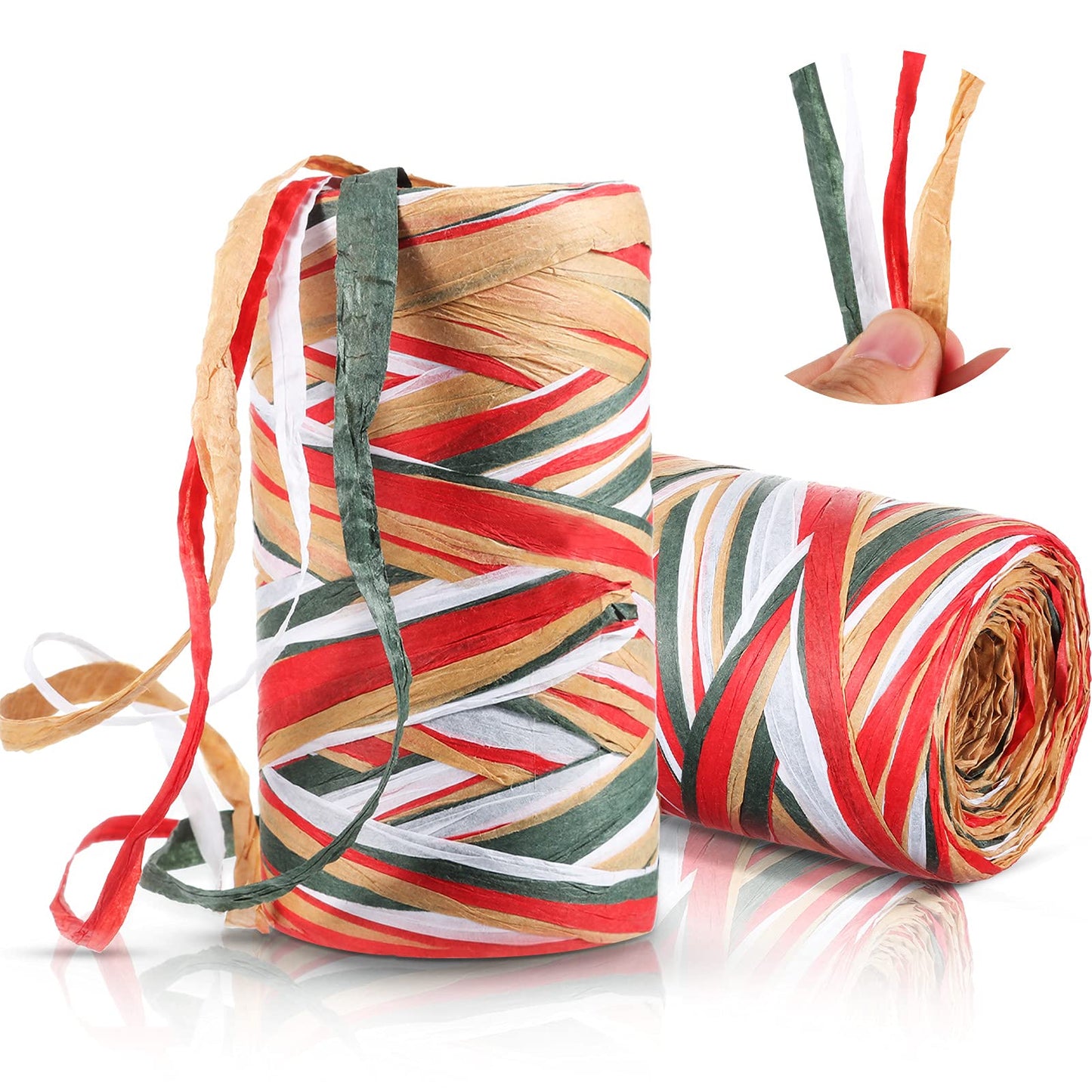 Shappy 2 Rolls Christmas Raffia Ribbon 524 Feet Matte Paper Craft Ribbon Packing Paper Twine Raffia Yarn for Xmas Gifts Wrapping Party Festival Holiday Decor(Red, White, Green, Flaxen)
