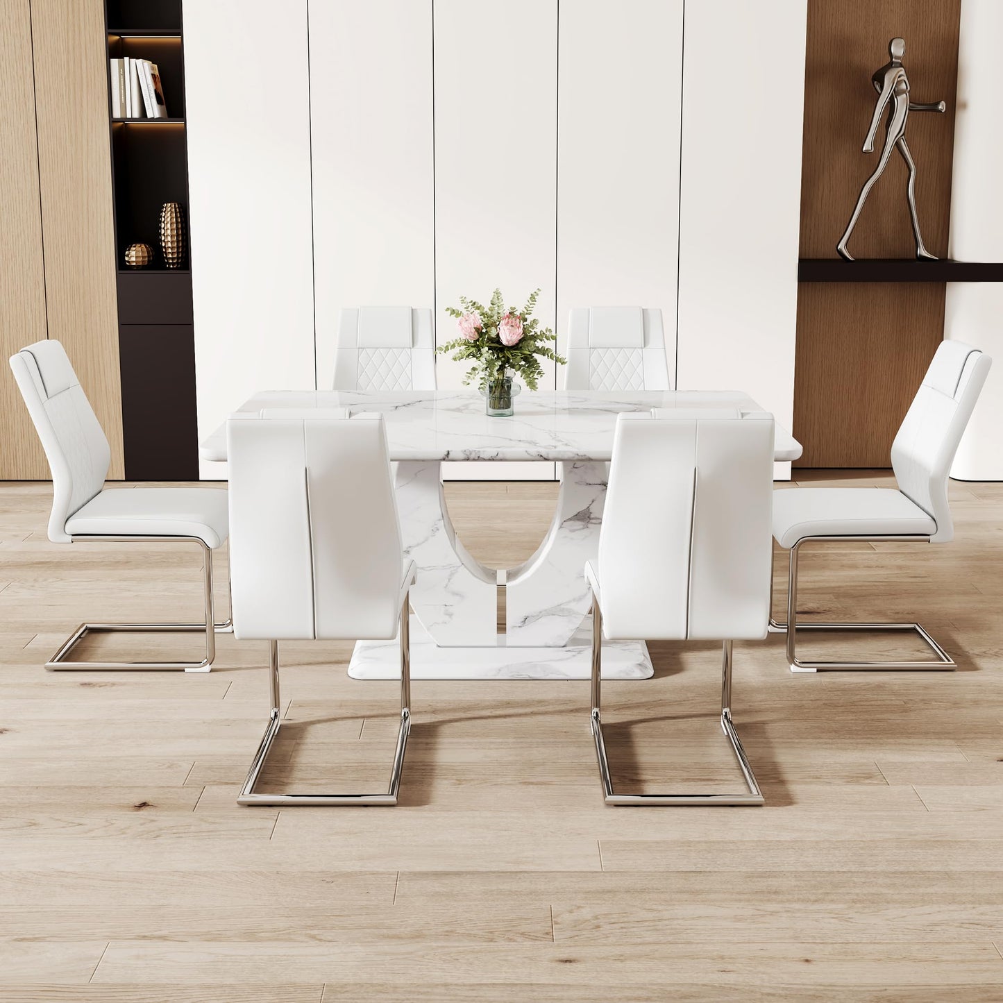 JUFU Modern Dining Table Set for 6,Rectangula Dining Room Table Set with 63 in Faux Marble Tabletop＆6 Pu Leather Upholstered Chairs Ideal for Dining Room, Kitchen （ 63'Dining Table Set 6 +White）