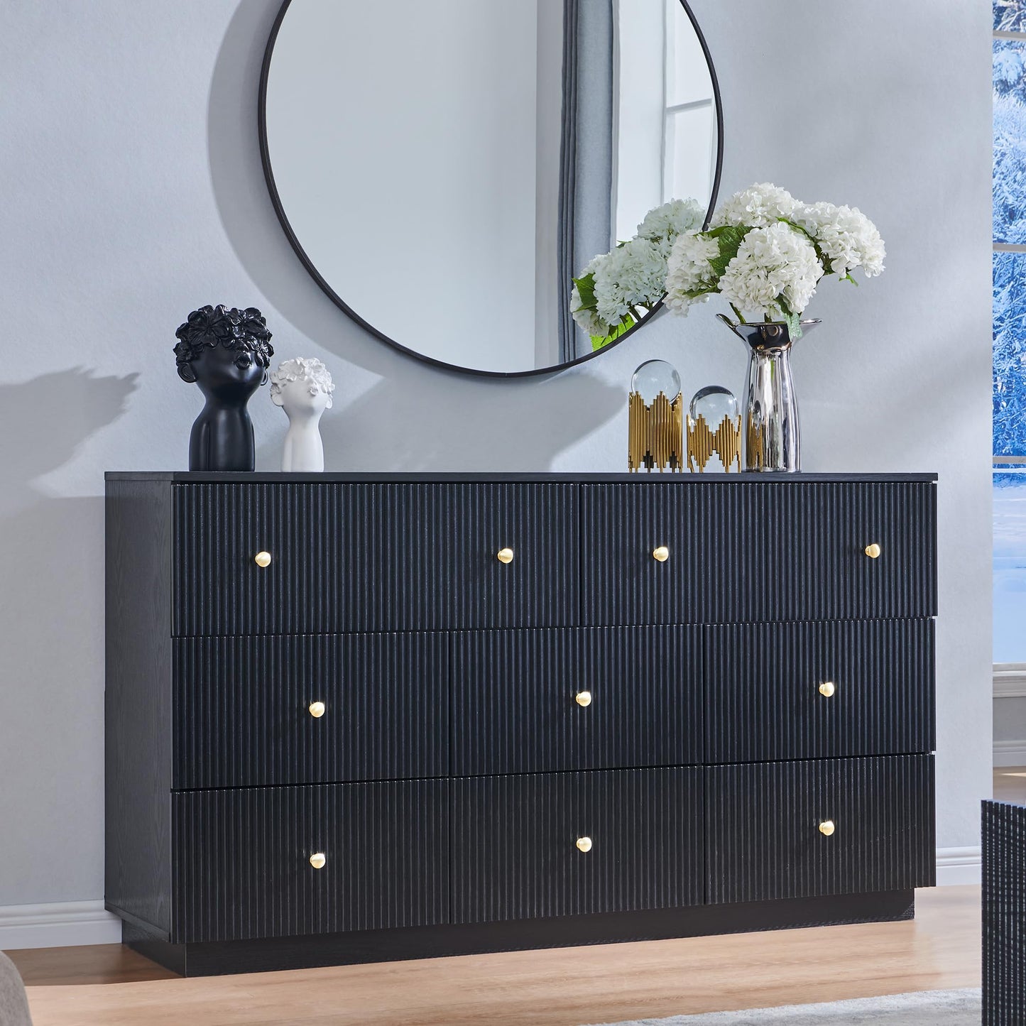 wow97e Fluted Dresser for bedroom, 55"W Black 8 Drawer Dressers, Wood Tall Dresser Storage Organizer, Modern Bedroom Chest of Drawers with Deep Storage for Closet Hallway, Entryway, Living Room Black