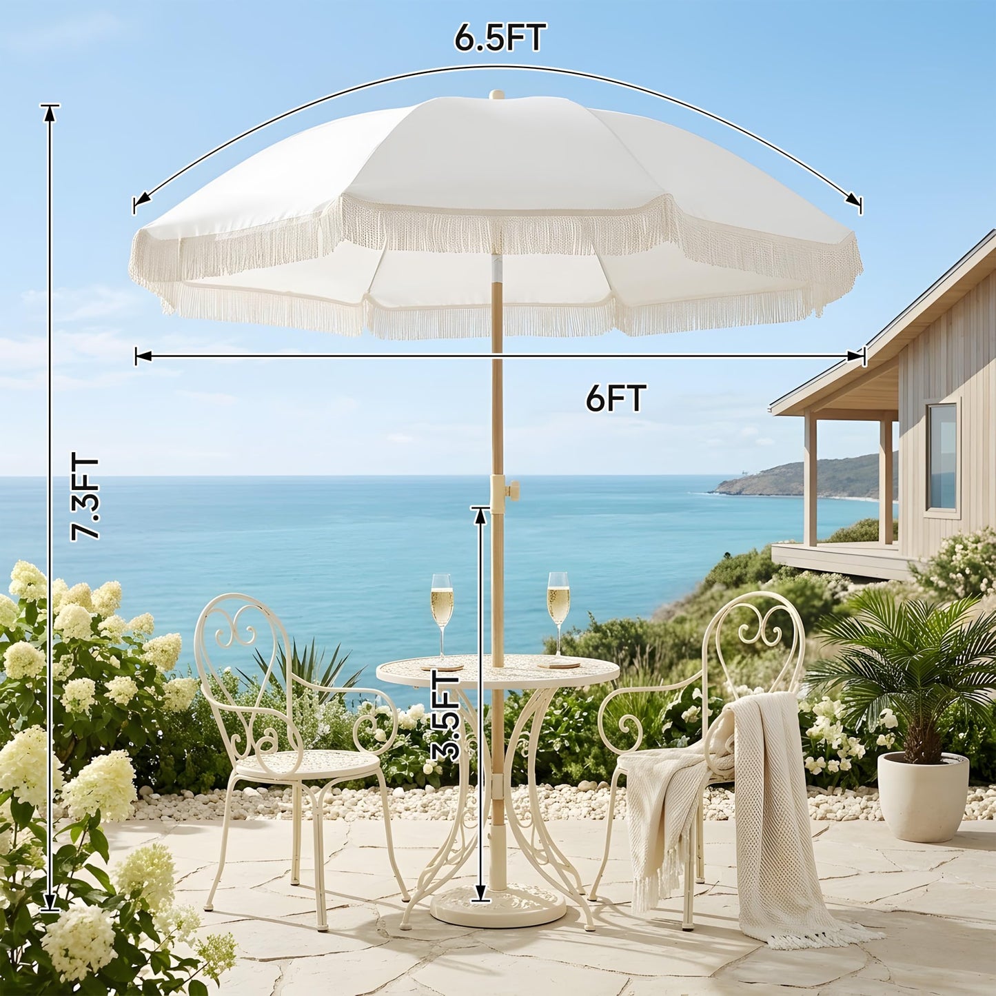 Kbrellaoutlets Patio Fringe Umbrella with UPF 50+ Protection,8 Ribs and Push Button Tilt,Outdoor Beach Umbrella For Garden, Courtyard,Pool,Outside