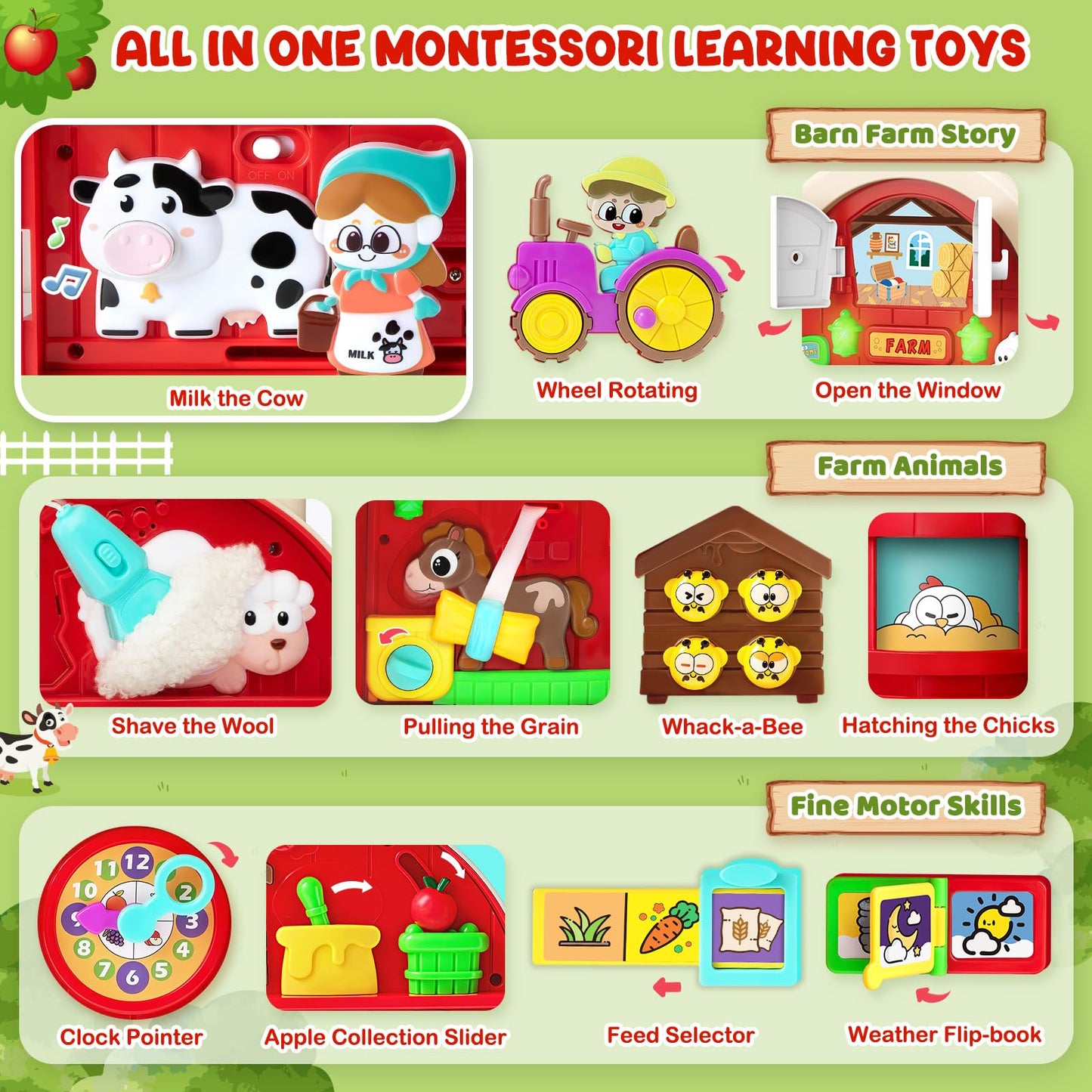 Montessori Farm Busy Board, Motor Skills Developmental Toys for 1 2 Year Old Boy Girl Gifts, Early Educational Toy for Toddlers 1-3, Christmas Birthday Gift for 12-18 Months, Sensory Board Toy for 1+