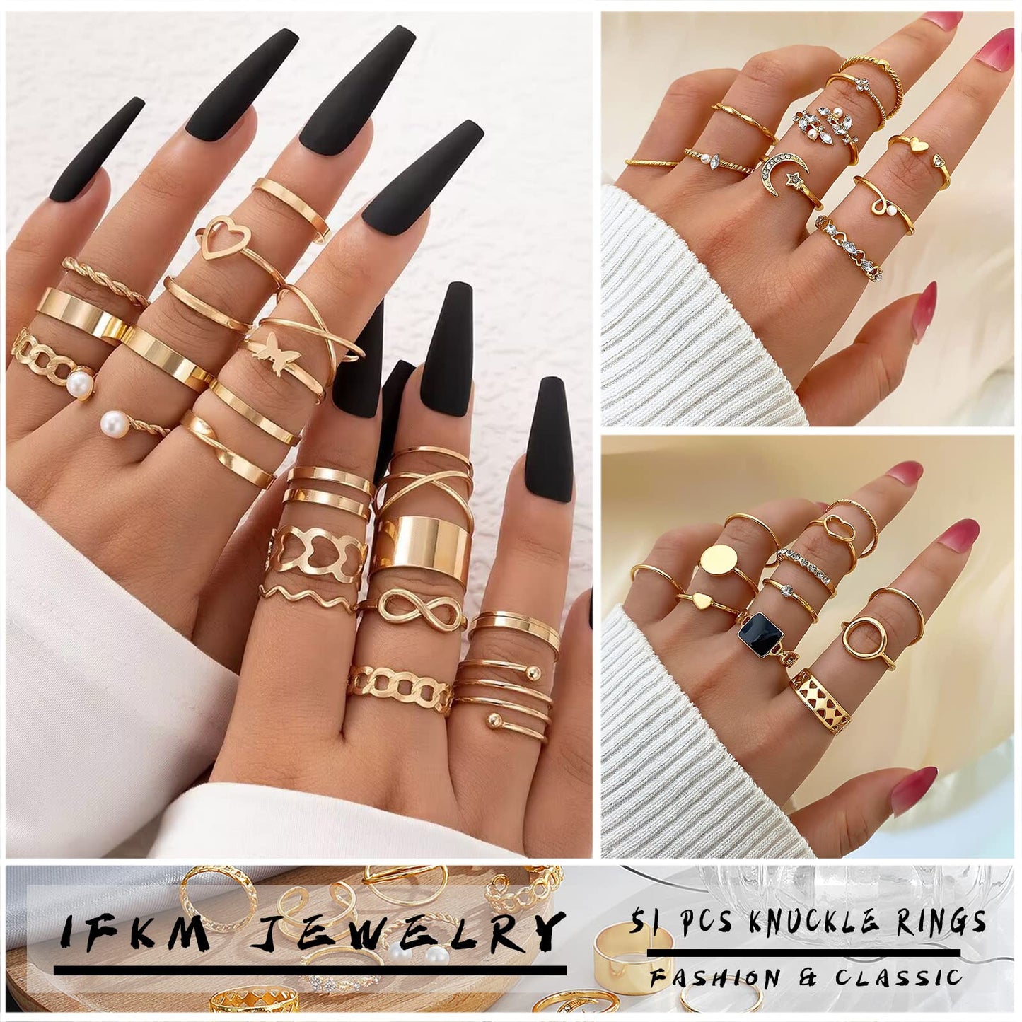 IFKM Gold Knuckle Rings Set For Women Vintage Stackable Joint Finger Midi Rings Dainty Cubic Zirconia Crystal Simple Twist Hollow Cute Rings Pack Jewelry Gift (Moonlight Express, Gold)