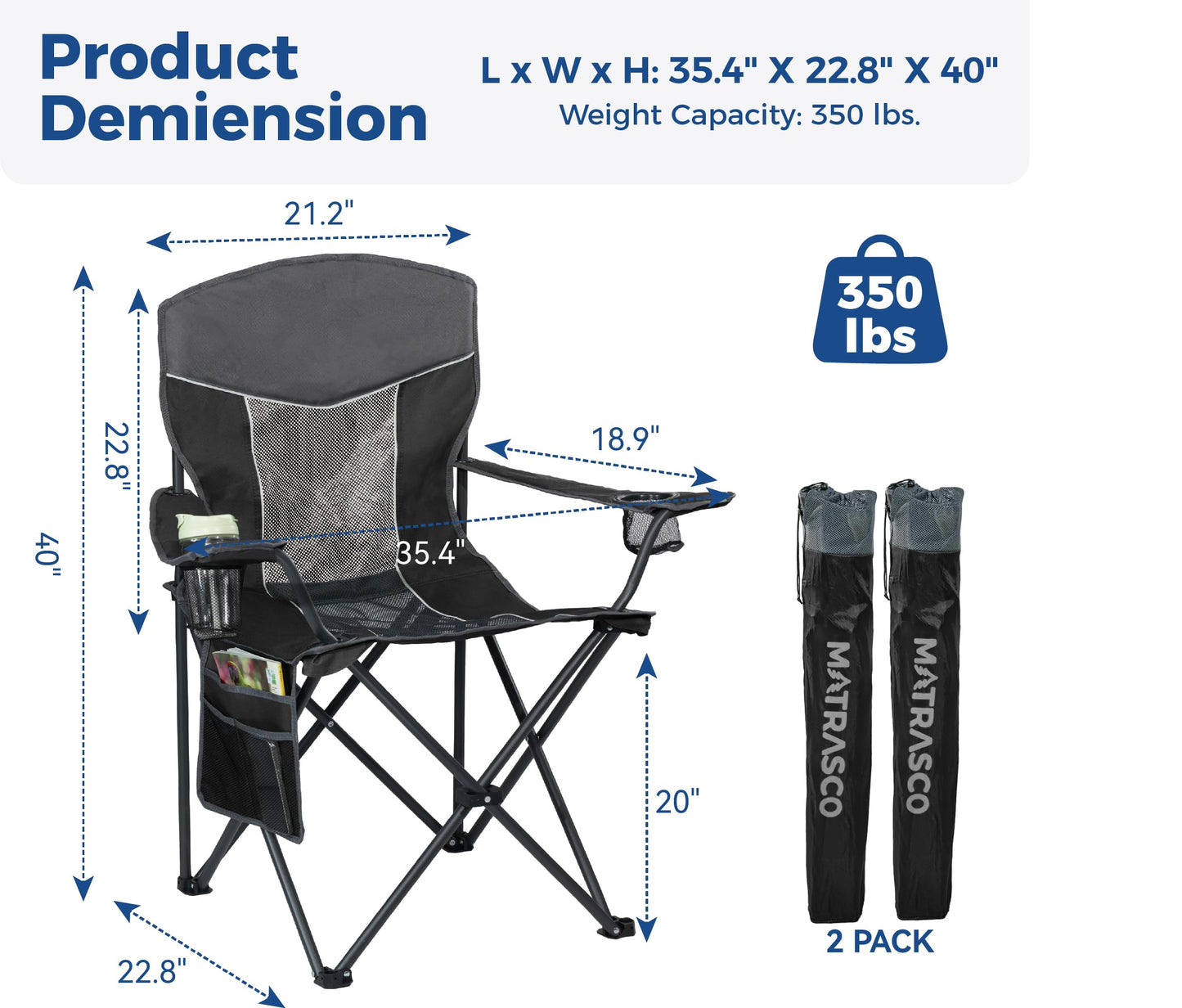 Matrasco Outdoor Camping Chair 2-Pack with Mesh Back, Folding Portable Lawn Chairs with Cup Holder & Side Storage Pocket for Camping, Beach, Picnic, Fishing(Black)