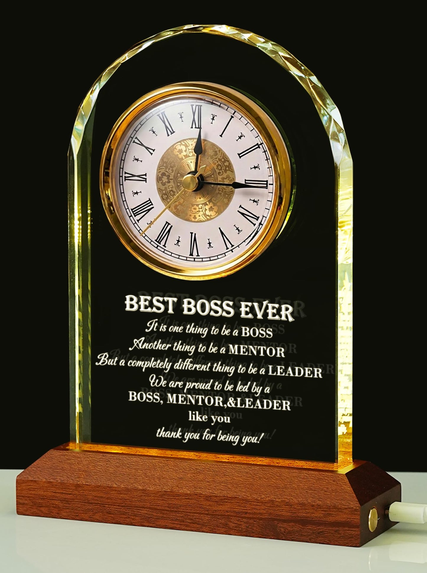 Best Boss Ever Gifts for Men & Women — Glass Desk Clock with Wooden Light Base | Boss Appreciation & Retirement Farewell for Male/Female Boss, Boss’s Day Idea, Office & Home Decor, Card & Gift Box