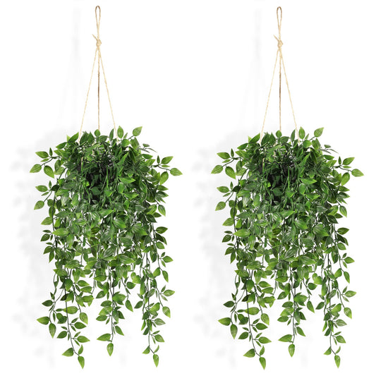 Fake Hanging Plants Indoor - 2 Pack Faux Greenery Plant for Home Decor Artificial Potted Vines with Black Plastic Planter for Bedroom Living Room Garden Front Porch Table Shelf Wall Decoration