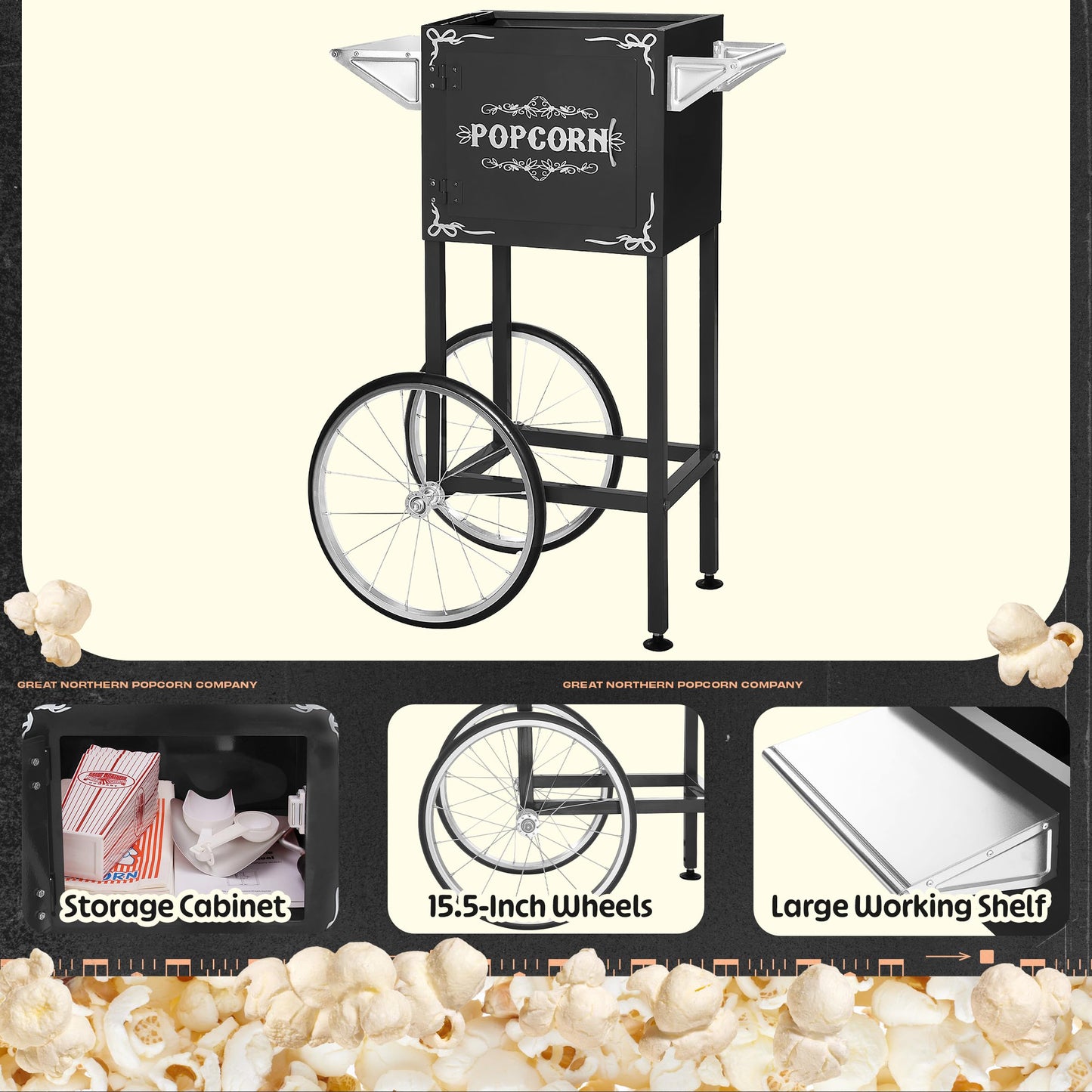 Great Northern Popcorn Foundation Popcorn Machine with Cart - 8oz Popper with Stainless-Steel Kettle, Warming Light, and Accessories, Black