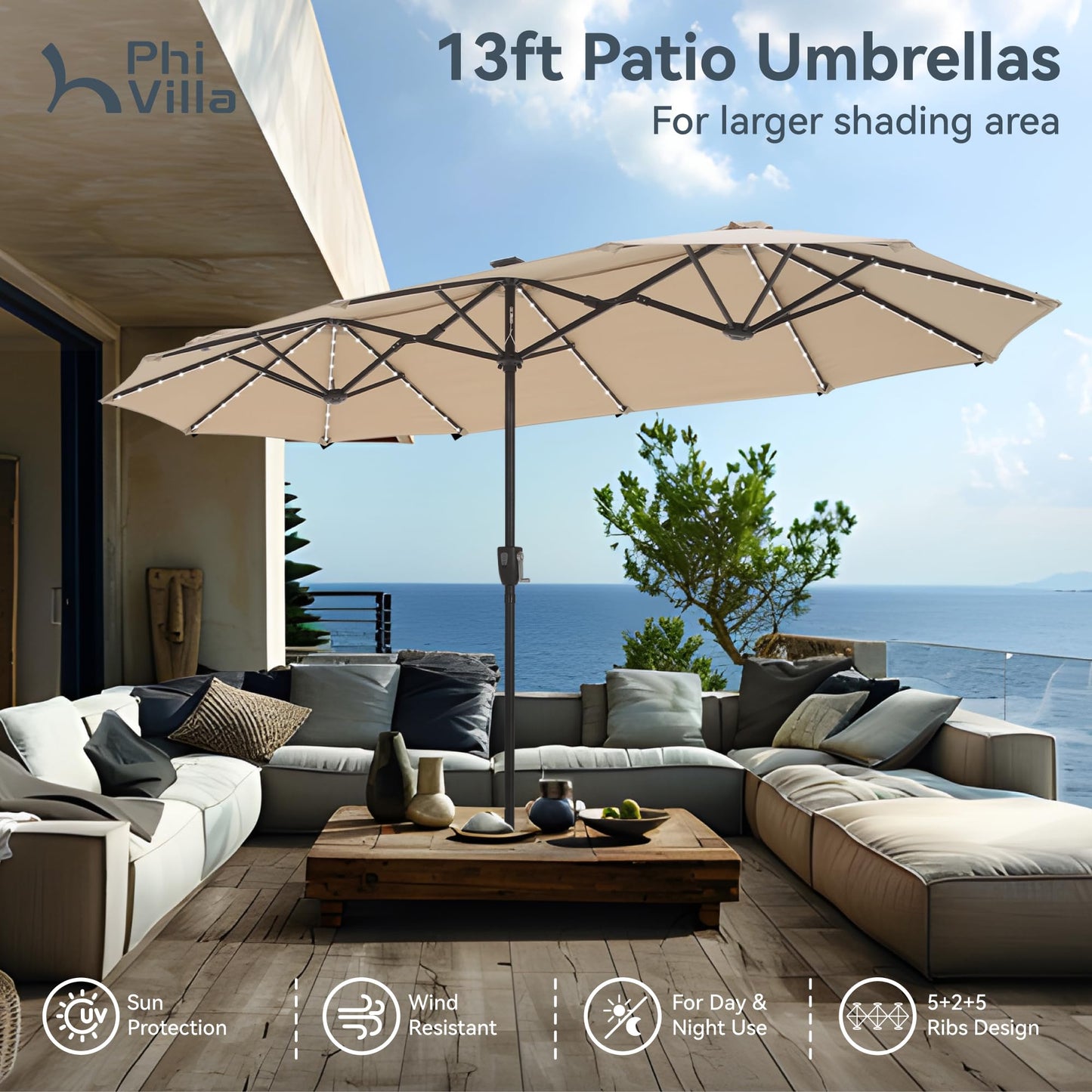 PHI VILLA 13ft Patio Umbrella with Solar-Powered 120 PCS LED Color-Changing Lights, Triple-Head Large Rectangle Umbrella Outdoor Patio for Table with Crank Lift,Beige(No Base)