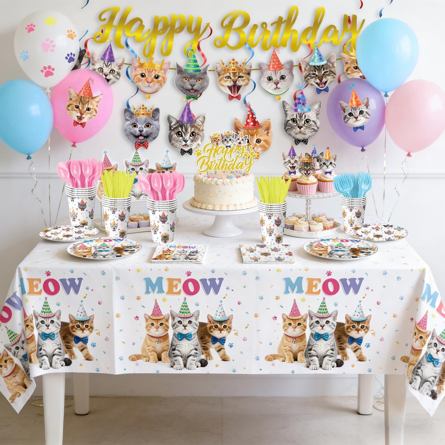 Cat Birthday Decorations Party Supplies Kit, Plates, Napkins, Cups, Cutlery, Banner, Hanging Swirls, Honeycomb Centerpieces, Balloons, Tablecloths for Cat Themed Birthday Party Decorations, Serves 20