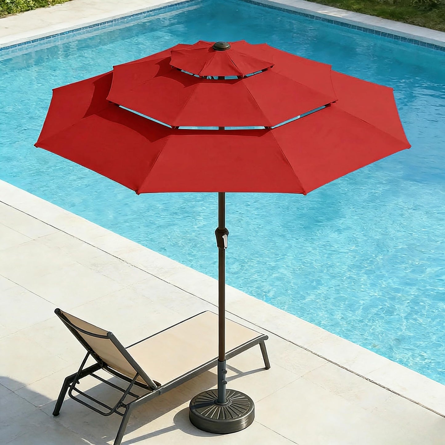 Tobeos 10ft 3 Tier Patio Umbrella, Outdoor Market Table Umbrella with UPF 50+ Vented Canopy, 8 Sturdy Ribs, Easy Push Button Tilt and Crank, Windproof for Deck, Pool, Backyard and Garden, Red