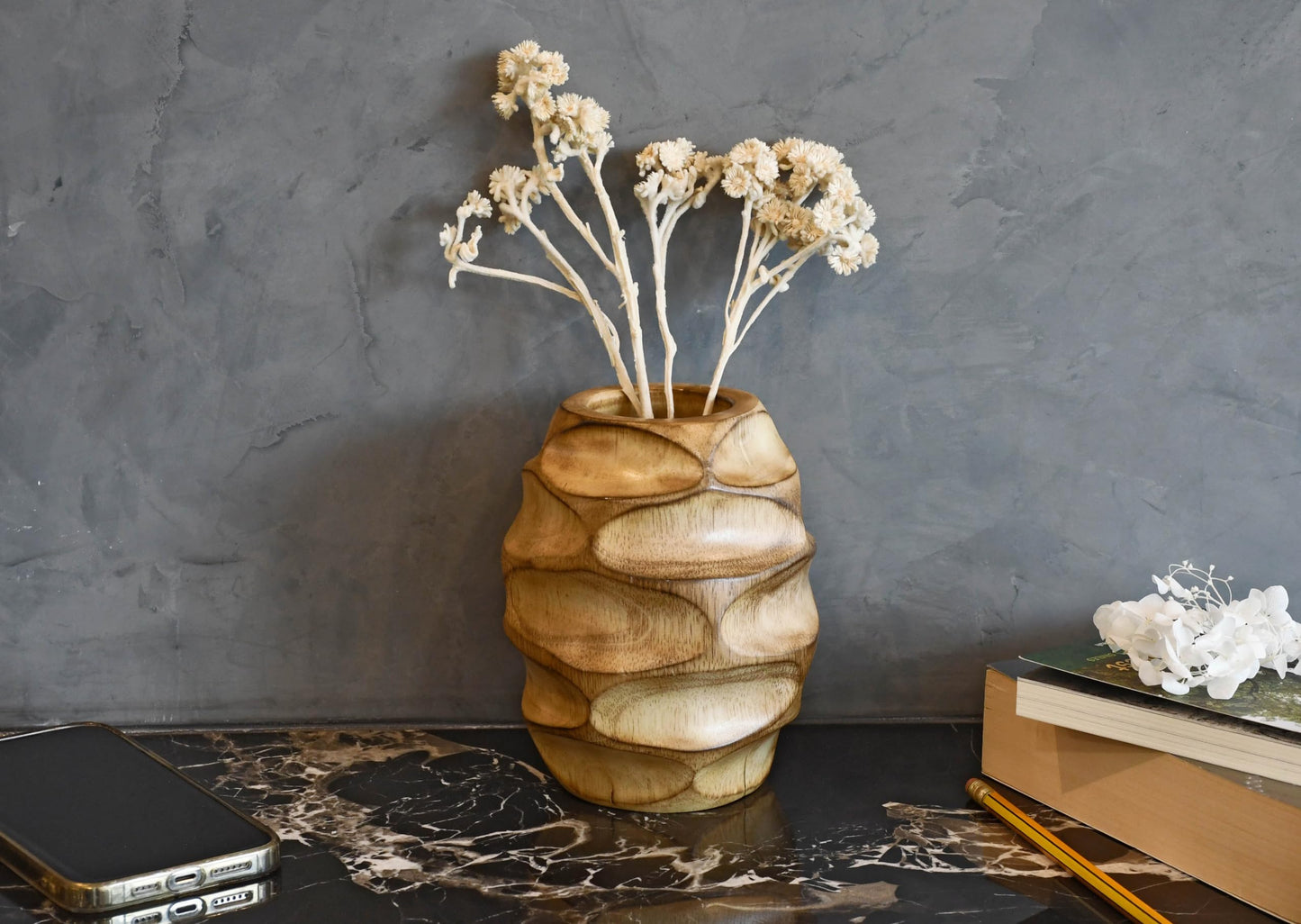 AeraVida 6.25 inch Mango Tree Hand-Carved Brown Wood Flower Vase Modern Oval Abstract Home Decor Accent Holder for Entry Table Contemporary Artistic Wooden Display | Wooden Vase | Brown Vase