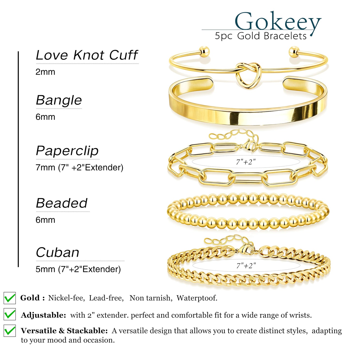 Gokeey Gold Bracelets for Women Non Tarnish Waterproof 14K Real Gold Plated Bracelets Stack Dainty Chunky Bangle Cuff Love Knot Paperclip Bead Cuban Bracelet Layered Chain for Jewelry Gifts