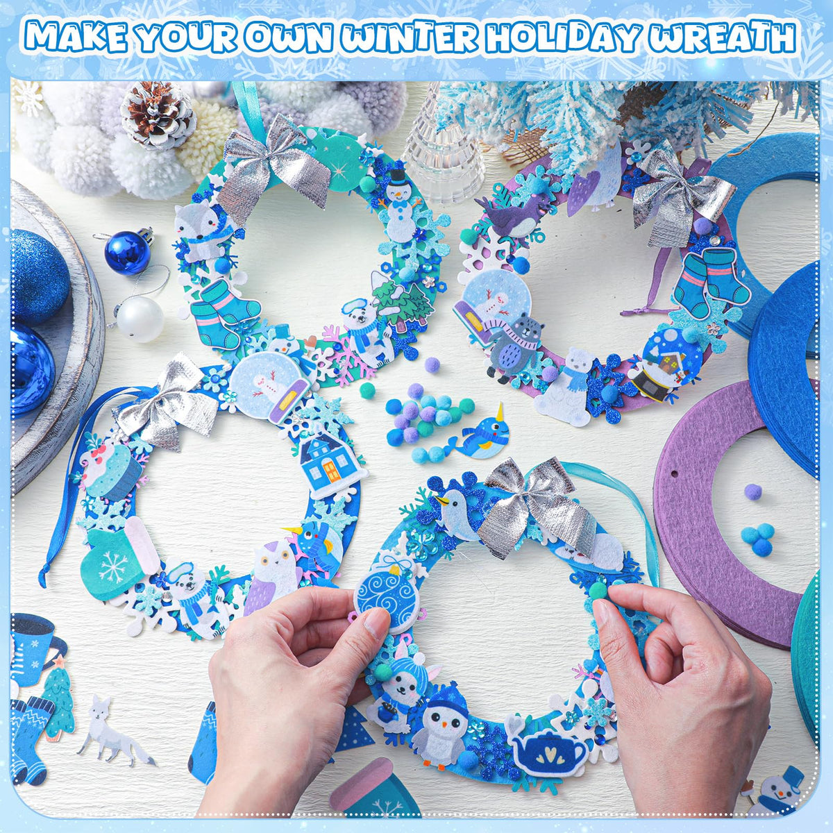 Moucuny 620/600 Pcs Winter Wreath Craft Kits DIY Snowman Christmas Wreath Crafts Kits Xmas Winter Home Decorations for Party Favors(Polar,Purple, Cyan, Light Blue, Dark Blue)