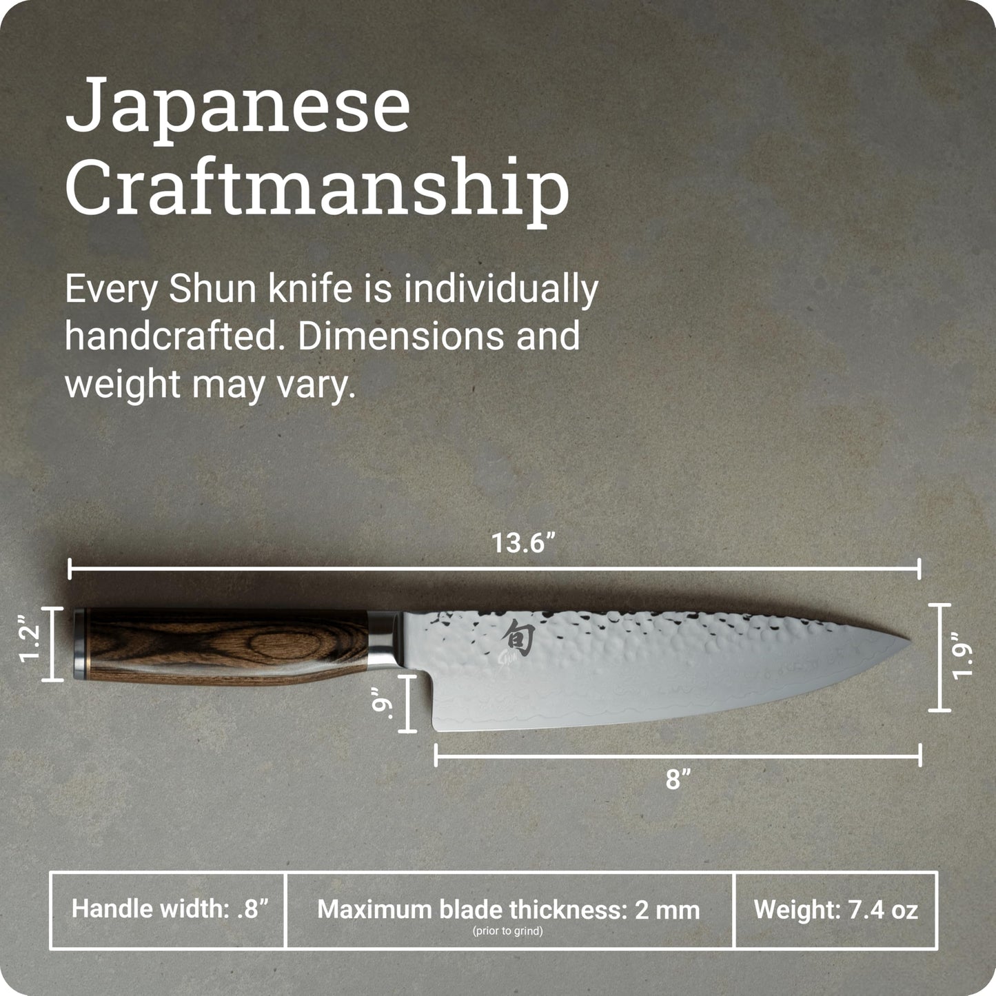 Shun Cutlery Premier Chef's Knife 8”, Thin, Light Kitchen Knife, Ideal for All-Around Food Preparation, Authentic, Handcrafted Japanese Knife, Professional Chef Knife