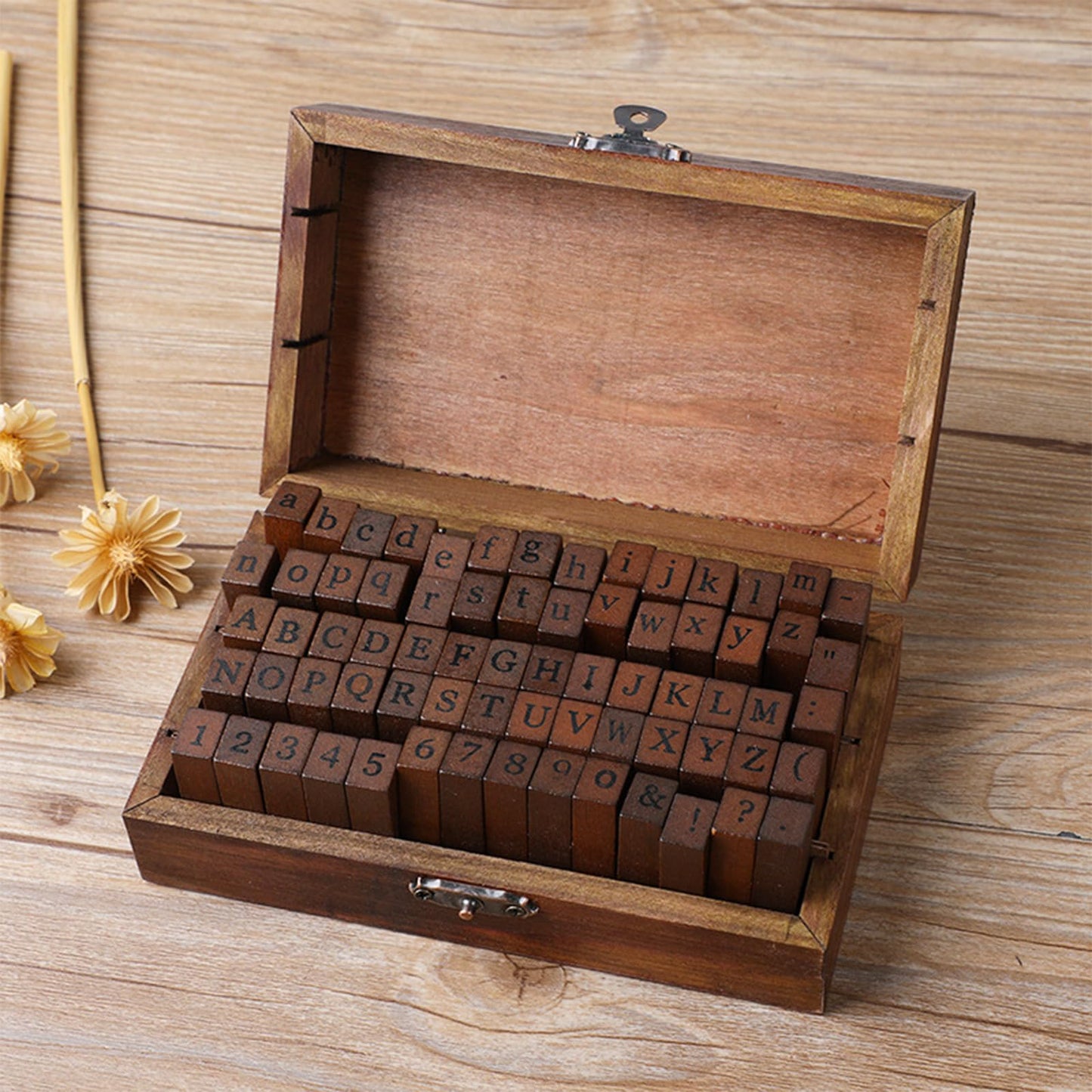 70Pcs Wood Letter Rubber Stamps, Vintage Capital Upper Lower Case Number Stamps Set with Wooden Box, Alphabet Stamper Seal Set for DIY Planner/Scrapbook/Card Making/Clay Crafts