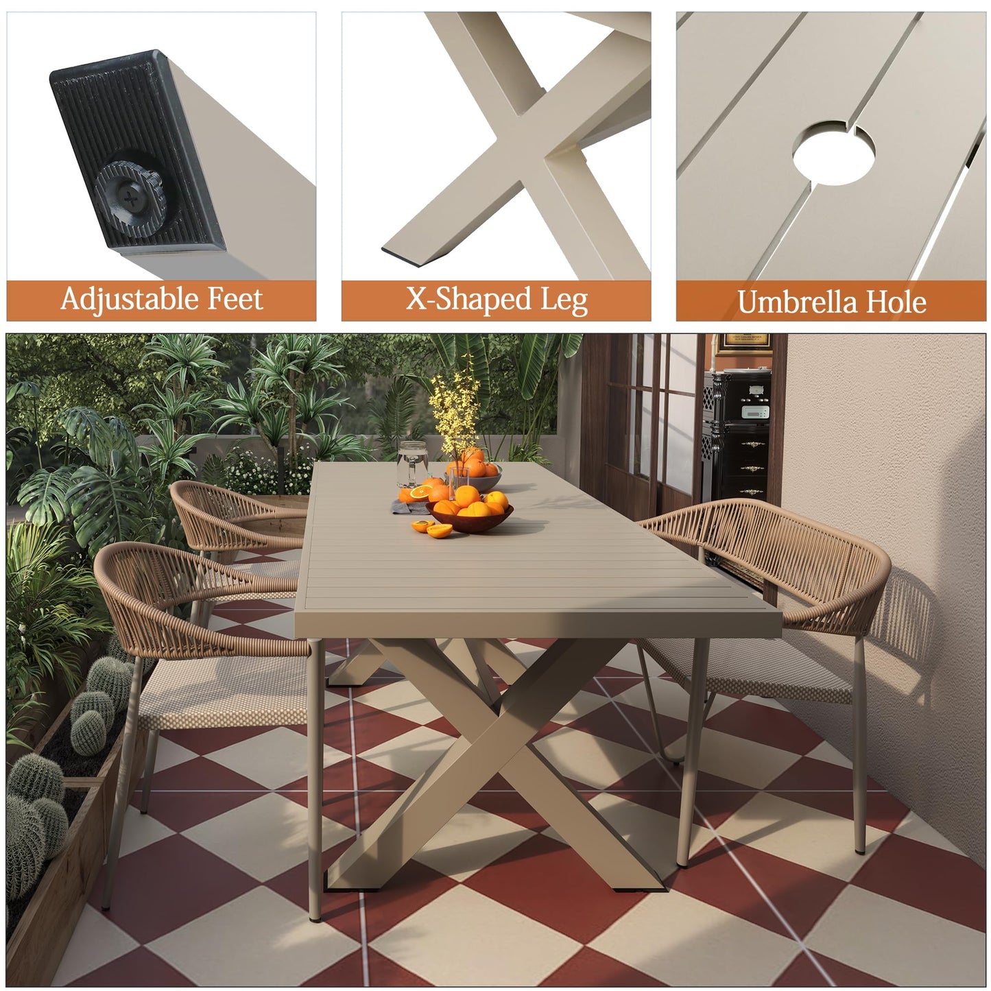 Vmopu 83'' × 32'' Extendable Outdoor Dining Table for 6-8, Aluminum Frame with Umbrella Hole for Patio, Garden, Backyard, Deck, Poolside (Milk Coffee)