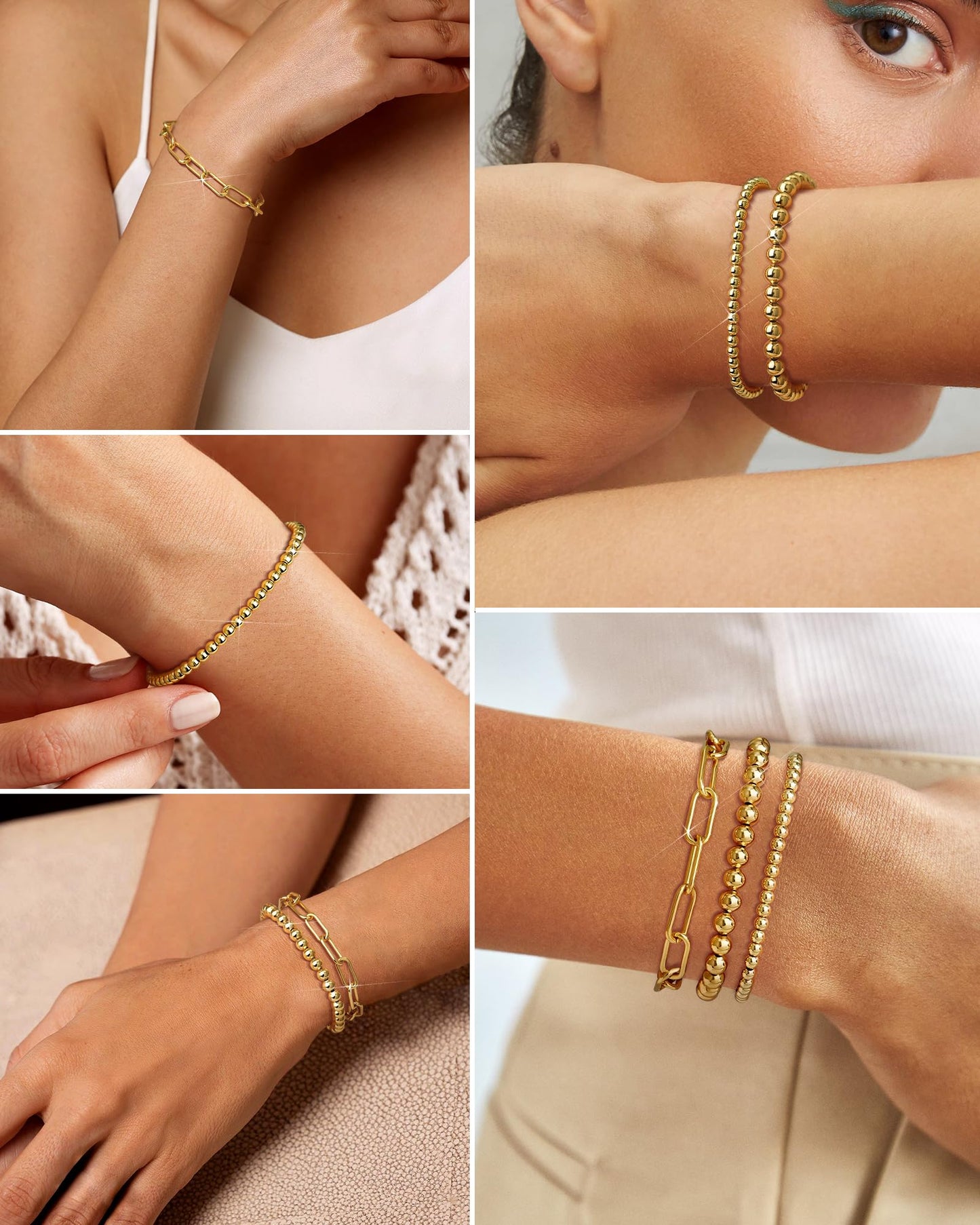 shownee Gold Beaded Bracelet for Women 14K Gold Plated Bracelets Gold Stretch Bead Ball Bracelet Hypoallergenic Stackable Bracelet Set 6.8 inch Graduation Gift for Her Mothers Day Gifts for Mom