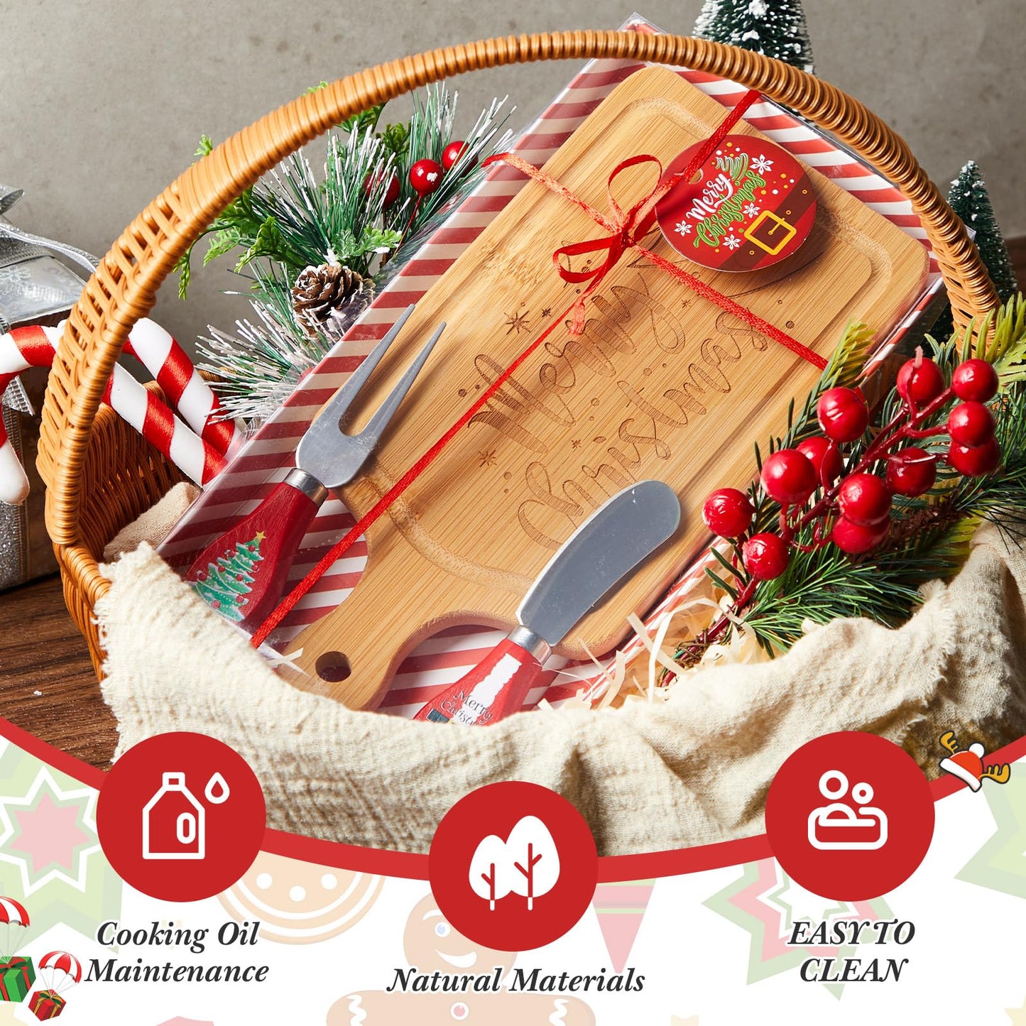 Ziliny 4 Set Christmas Cheese Board and Knife Set, Wooden Small Charcuterie Board Mini Holiday Serving Tray with Knives for Xmas Gift Party Home Decoration (Square)