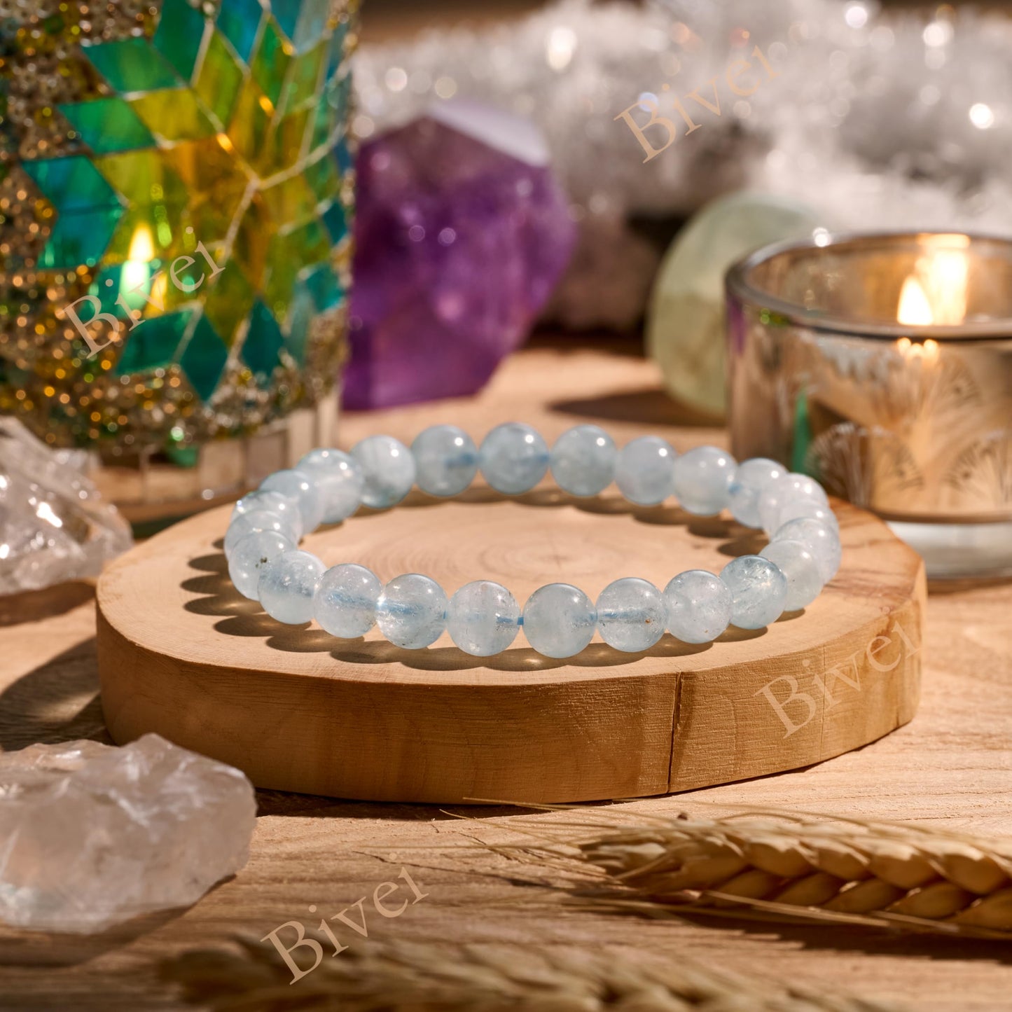 Aquamarine - Calmness - 8mm Beaded Bracelets for Women Handmade Semi Precious Natural Stone Stretch Elastic Jewelry Yoga Protection Gifts