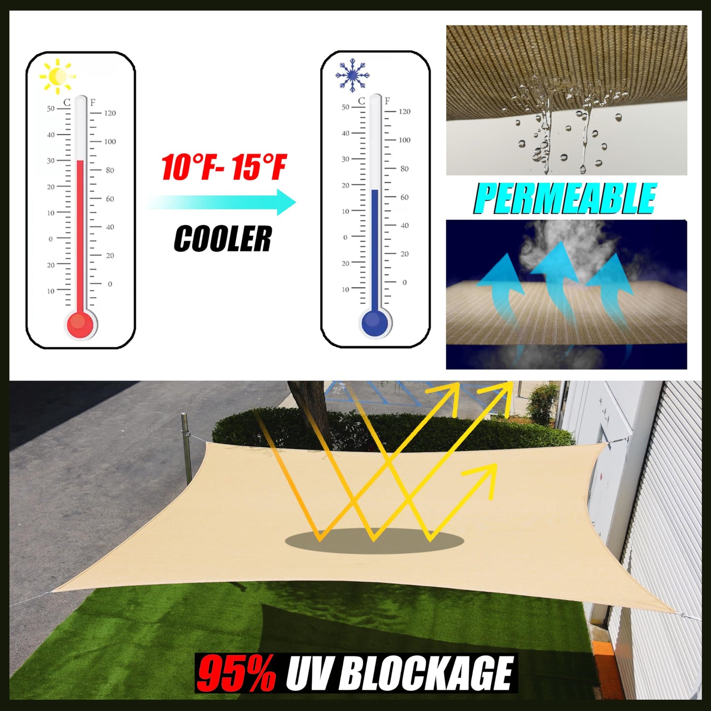 Royal Shade 16' x 16' Beige Square Sun Shade Sail Canopy Outdoor Patio Fabric Screen Awning RTAPS16 - UPF50+ 95% UV Blockage, Heavy Duty, Water & Air Permeable (We Make Custom Size)